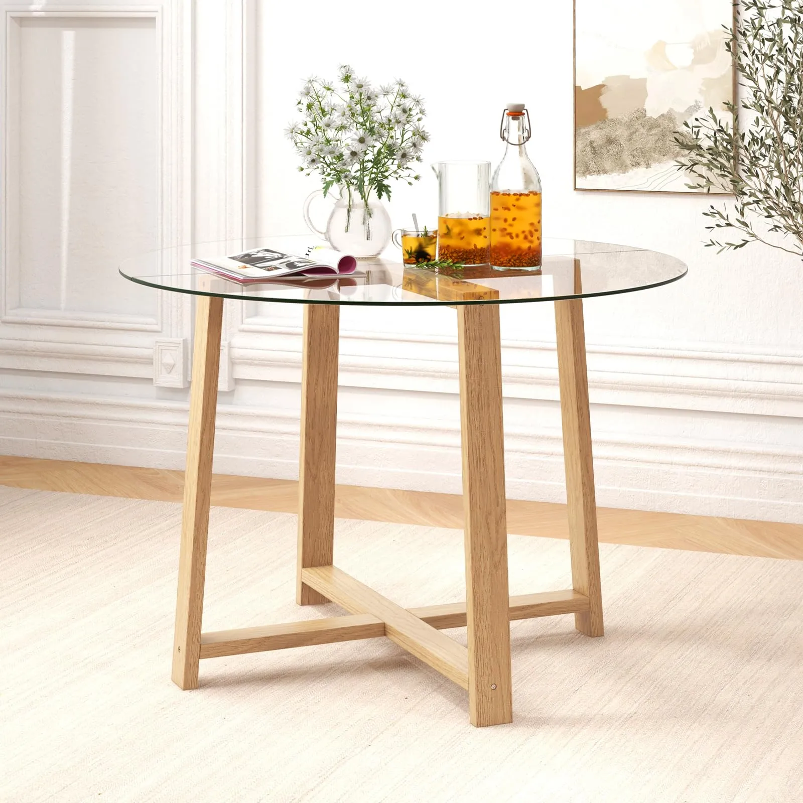 Giantex 42 Round Dining Table for 4, Kitchen Table with 0.3 Tempered Glass Tabletop, Rubber Wood Legs