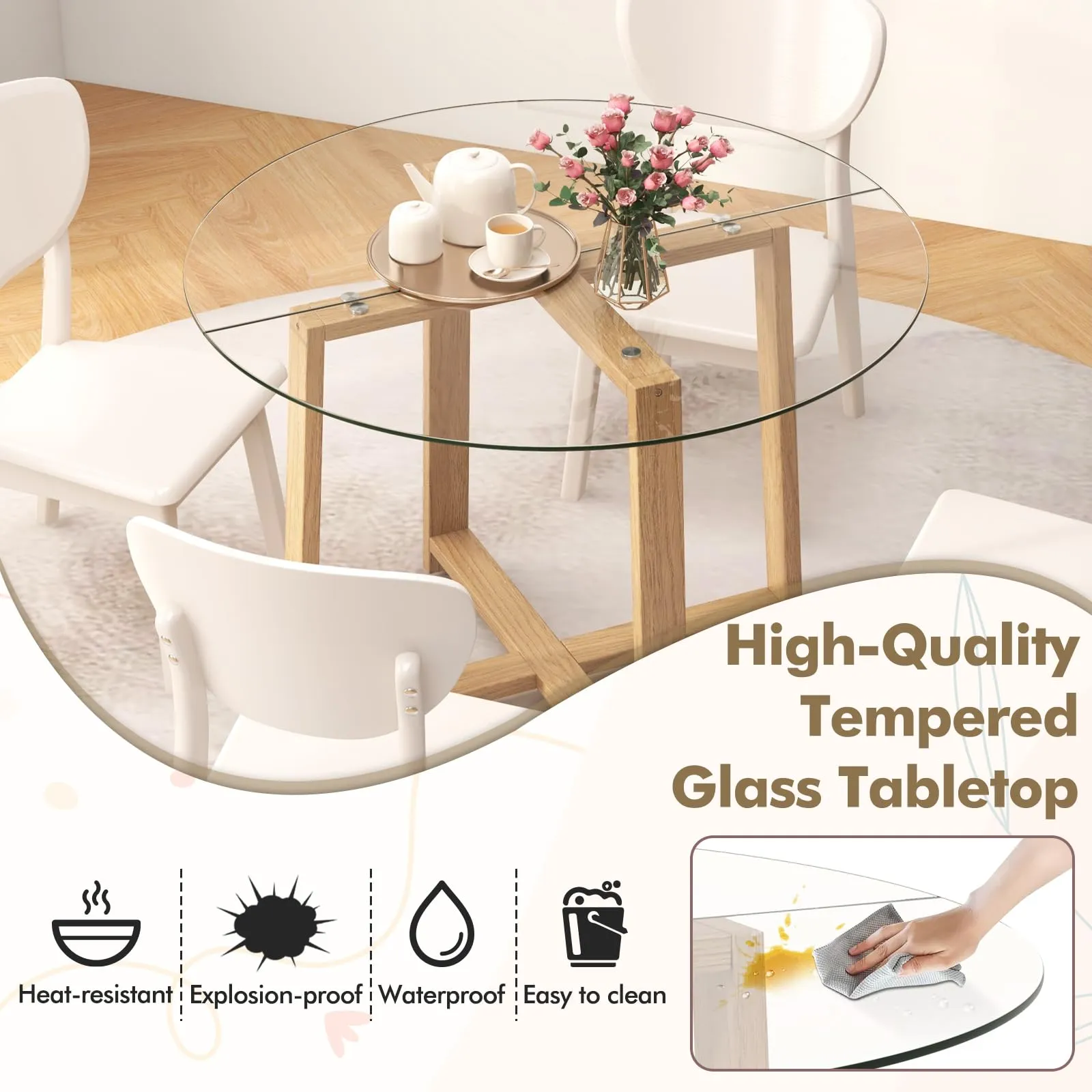 Giantex 42 Round Dining Table for 4, Kitchen Table with 0.3 Tempered Glass Tabletop, Rubber Wood Legs