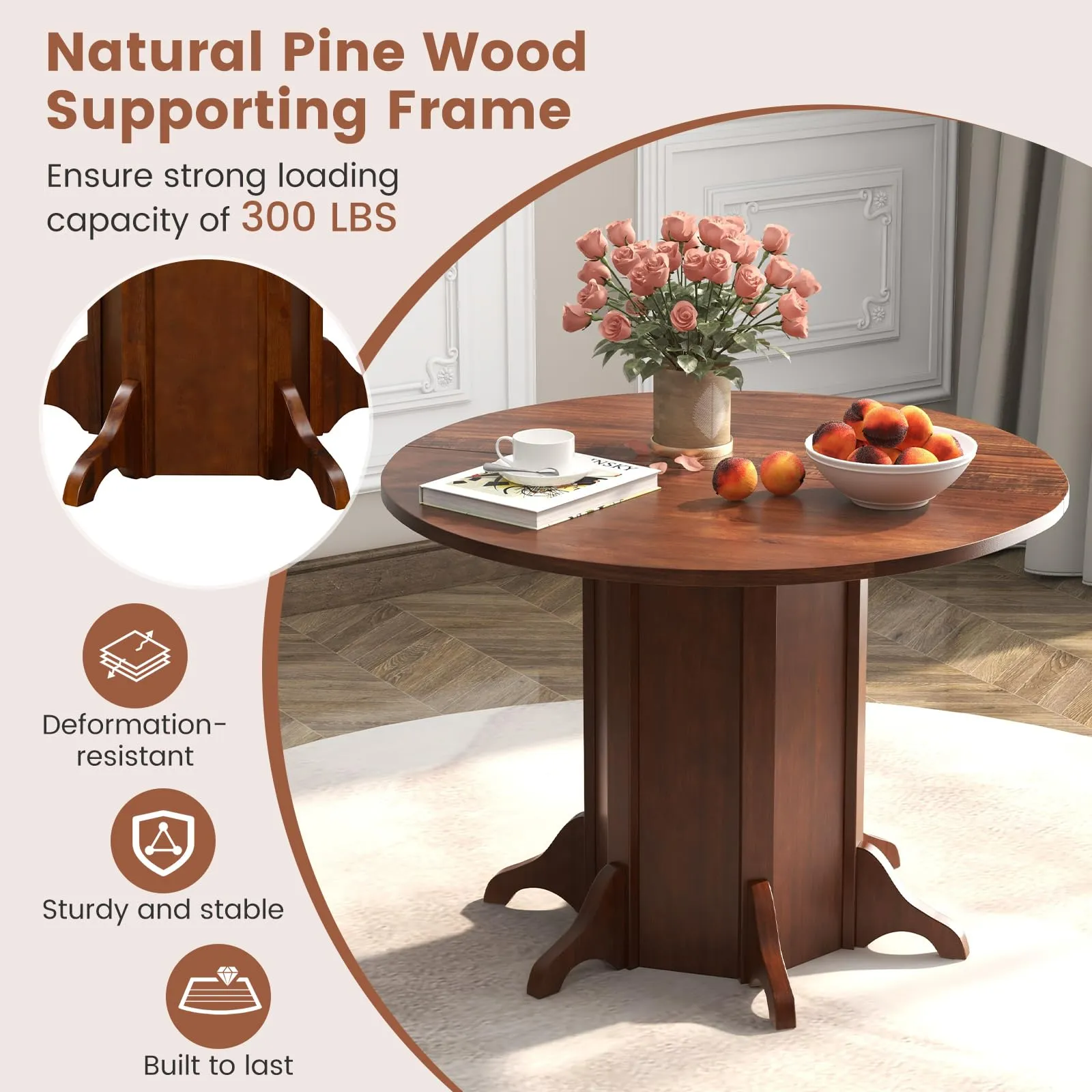Giantex 42 Round Dining Table, Modern Kitchen Table with Pedestal Base, Solid Wood Frame