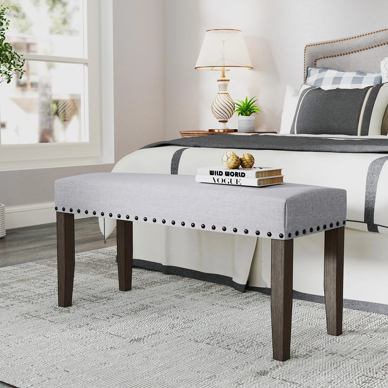 Giantex 42.5 Upholstered Entryway Bench, Set of 1/2 Dining Bench with Nailhead Trim