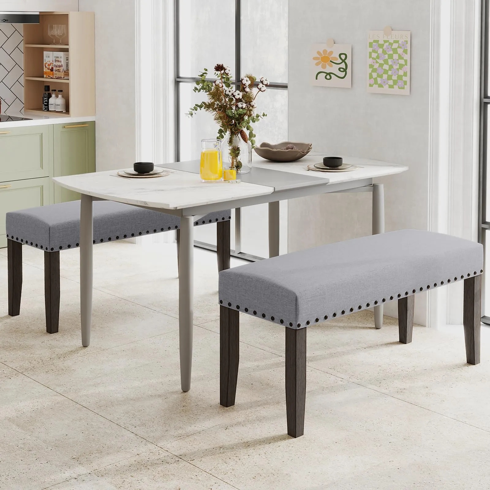 Giantex 42.5 Upholstered Entryway Bench, Set of 1/2 Dining Bench with Nailhead Trim