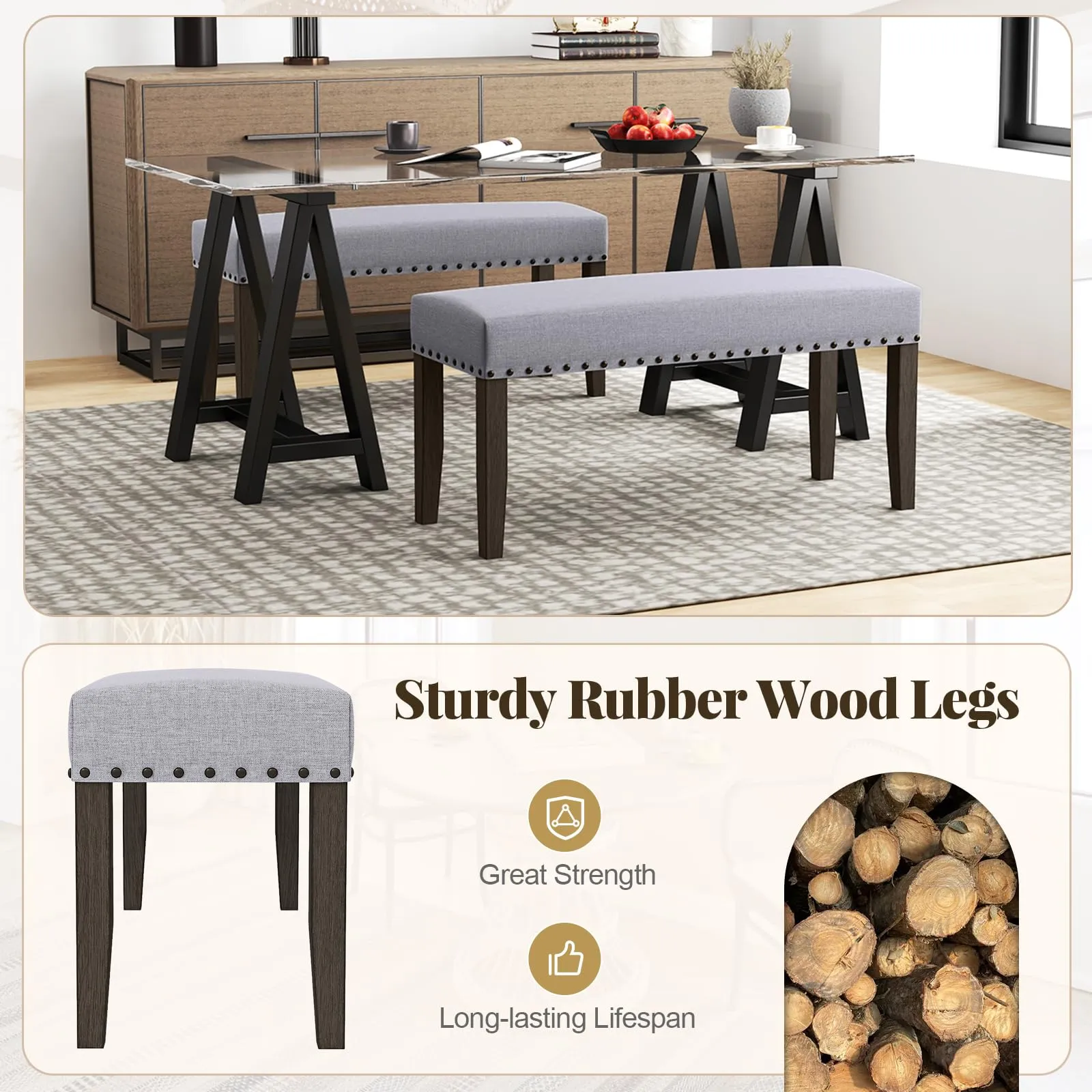 Giantex 42.5 Upholstered Entryway Bench, Set of 1/2 Dining Bench with Nailhead Trim
