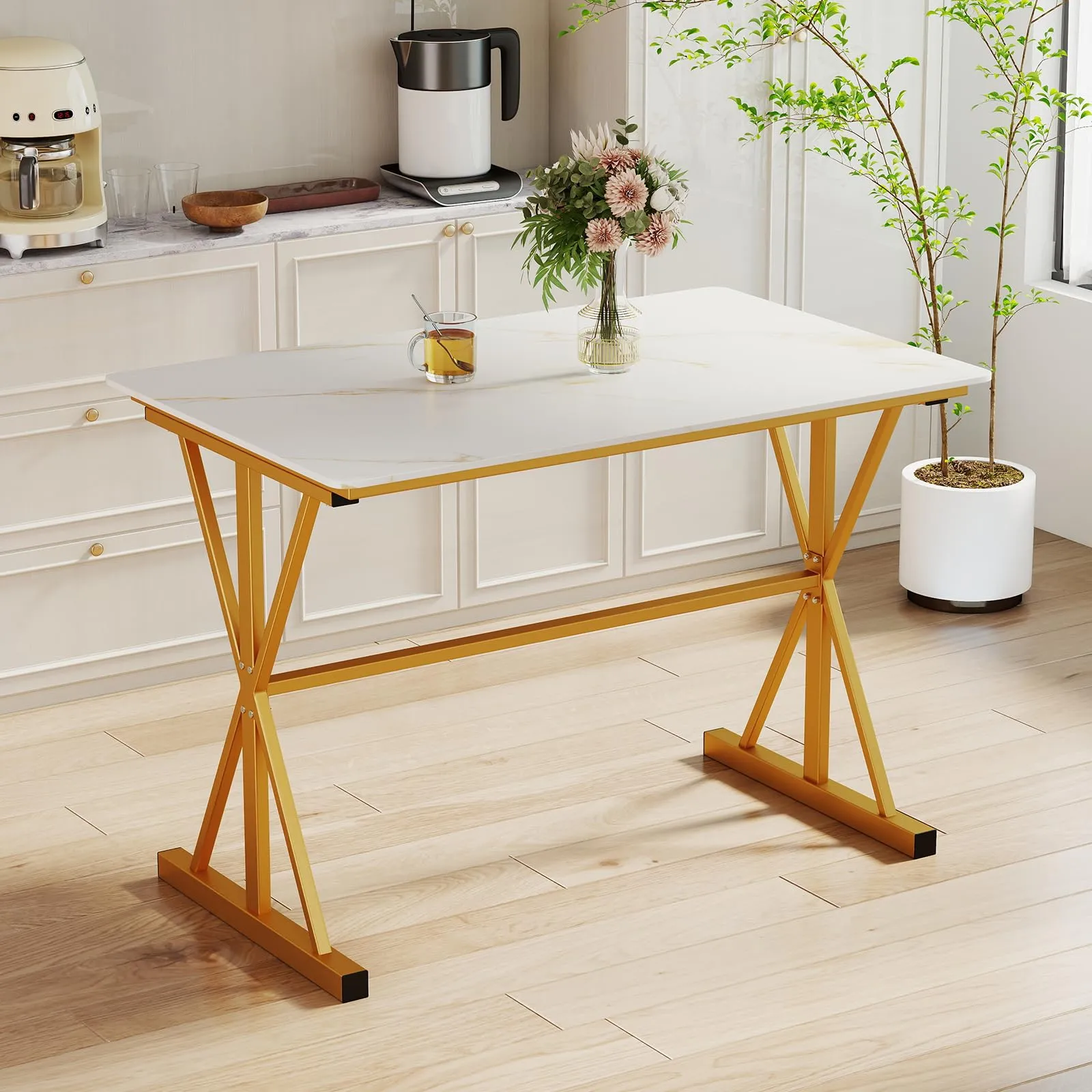 Giantex 44" Sintered Stone Dining Table with X Shaped Gold Metal Frame