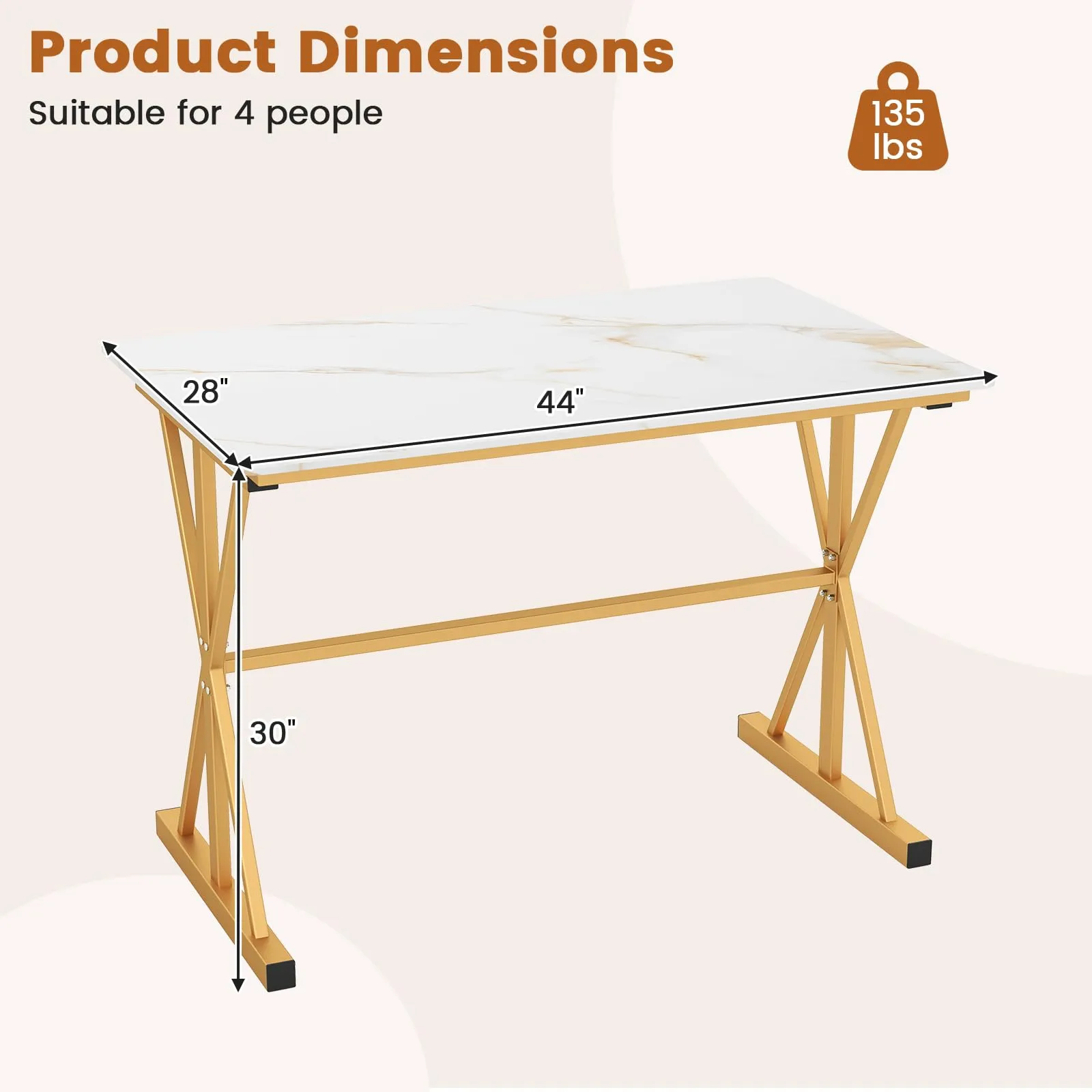 Giantex 44" Sintered Stone Dining Table with X Shaped Gold Metal Frame