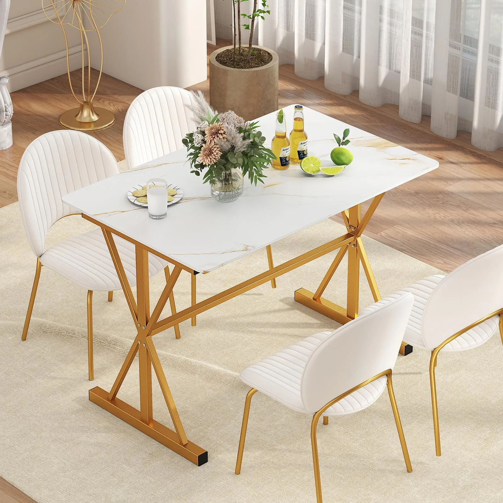 Giantex 44" Sintered Stone Dining Table with X Shaped Gold Metal Frame