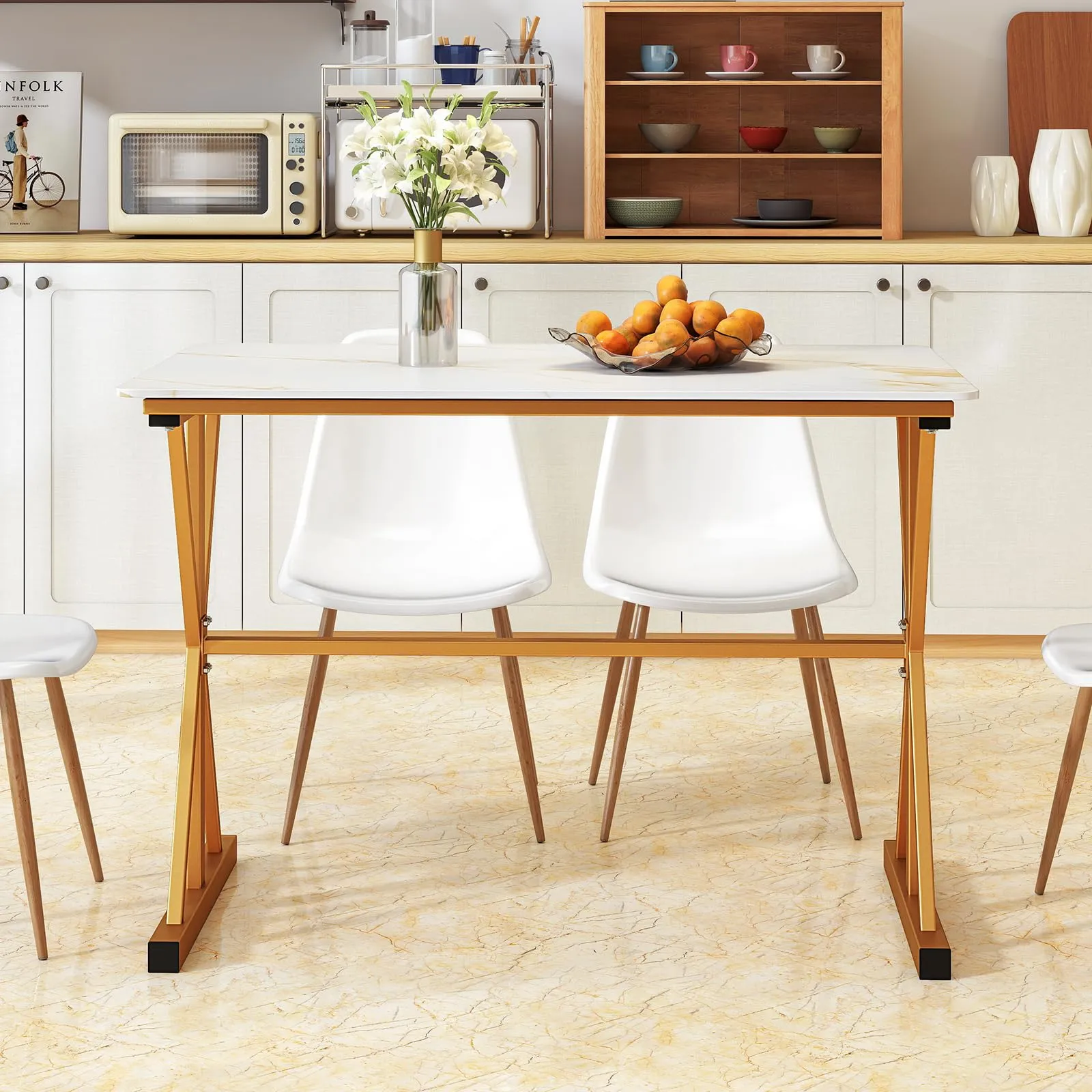 Giantex 44" Sintered Stone Dining Table with X Shaped Gold Metal Frame