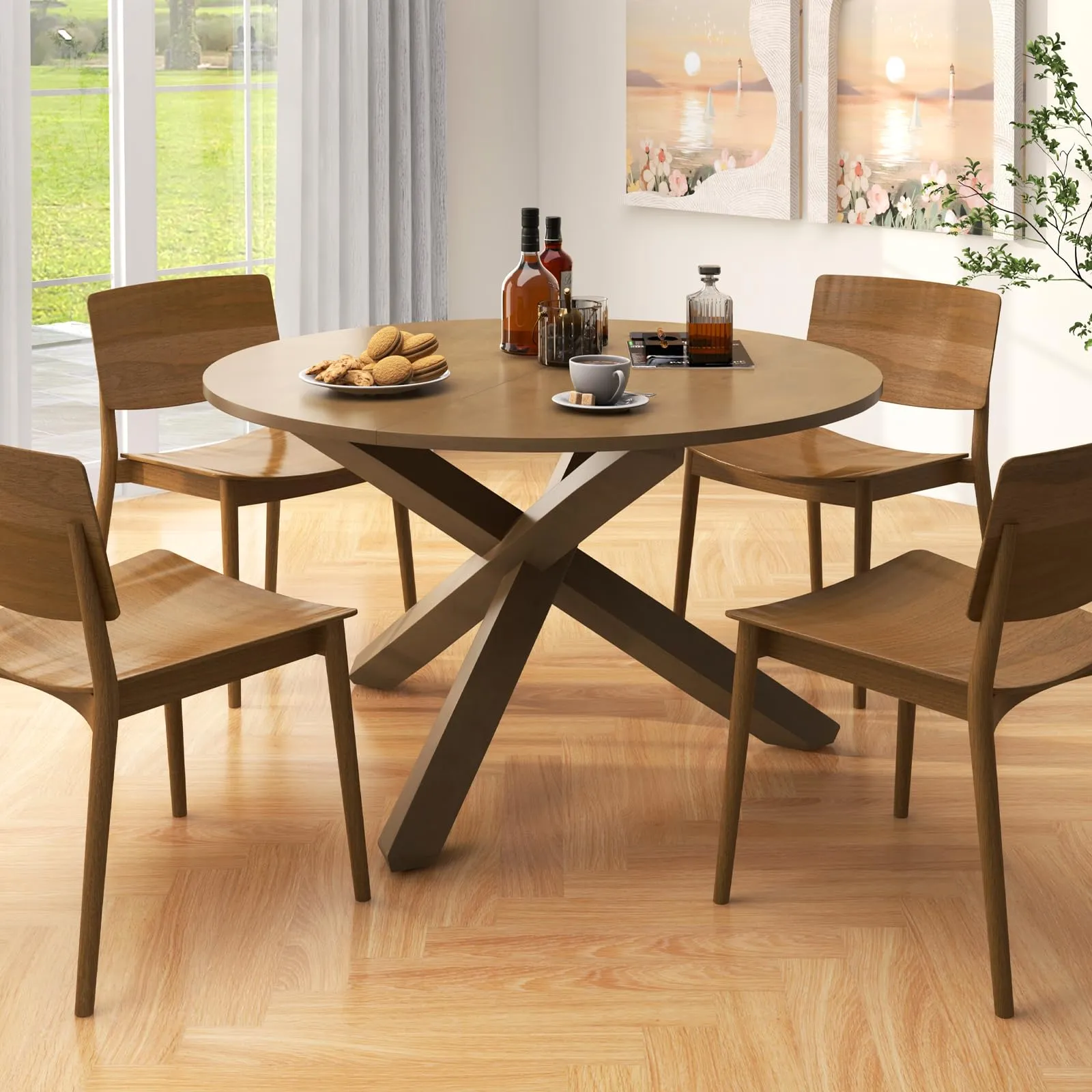 Giantex 47" Round Dining Table, Mid Century Modern Round Kitchen Table w/Solid Acacia Wood Legs, Adjustable Foot Pads