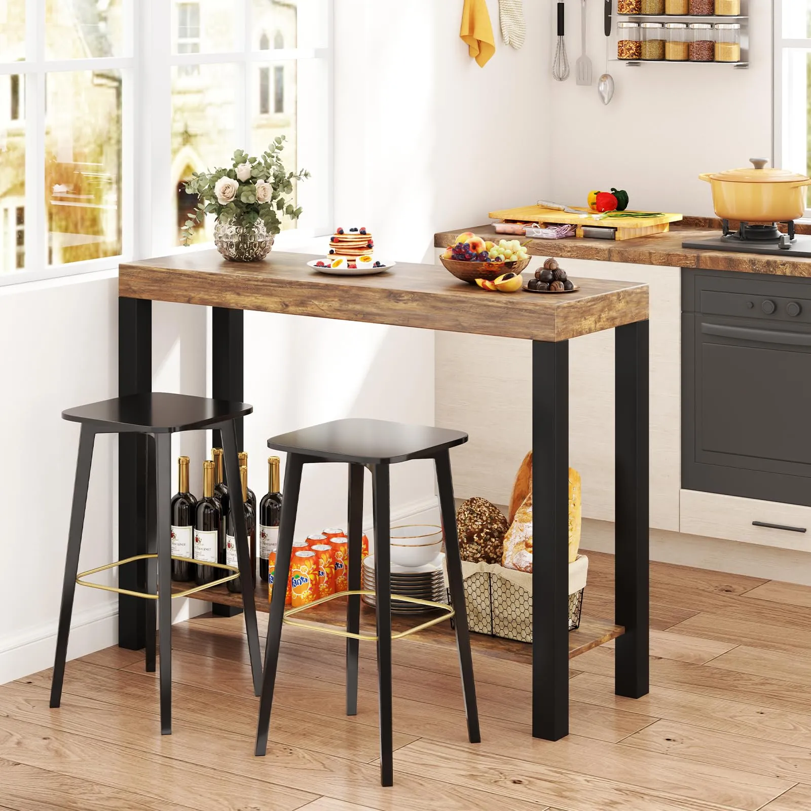 Giantex 48-Inch Bar Table, Narrow Pub Table with Counter Height, Open Shelves, Solid Wood Frame