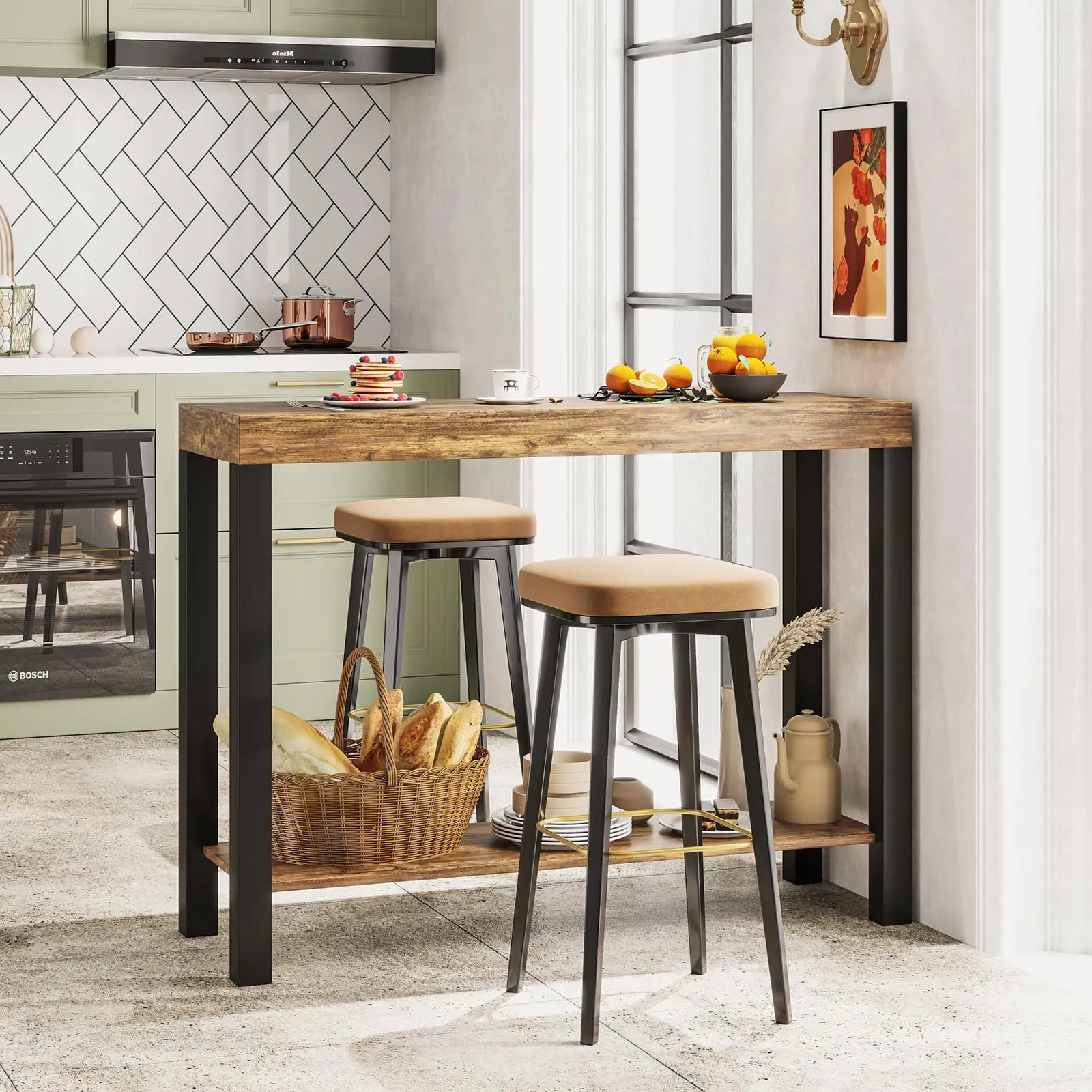 Giantex 48-Inch Bar Table, Narrow Pub Table with Counter Height, Open Shelves, Solid Wood Frame