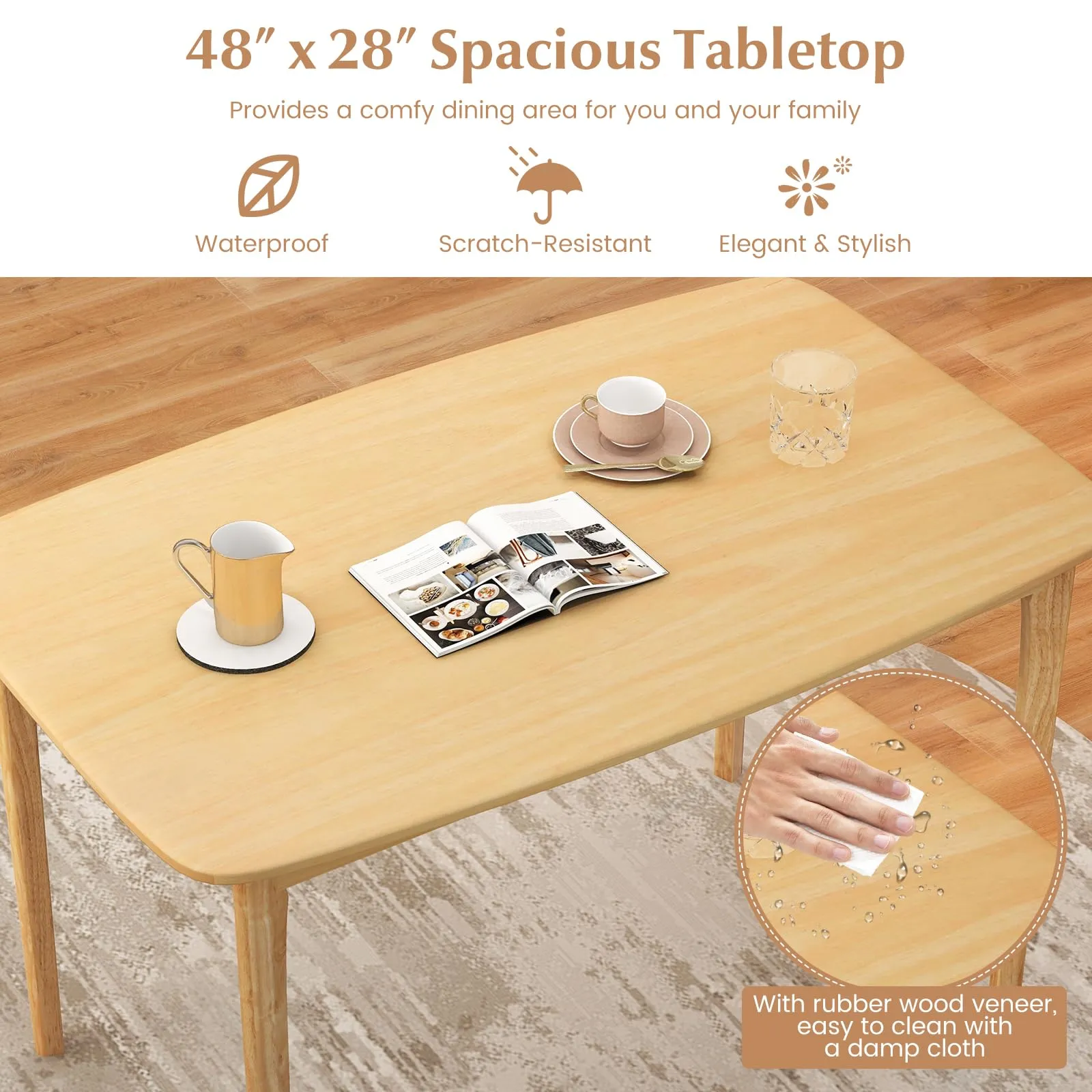 Giantex 48" L Rectangular Wooden Dining Table, Solid Rubber Wood Kitchen Table (Natural)