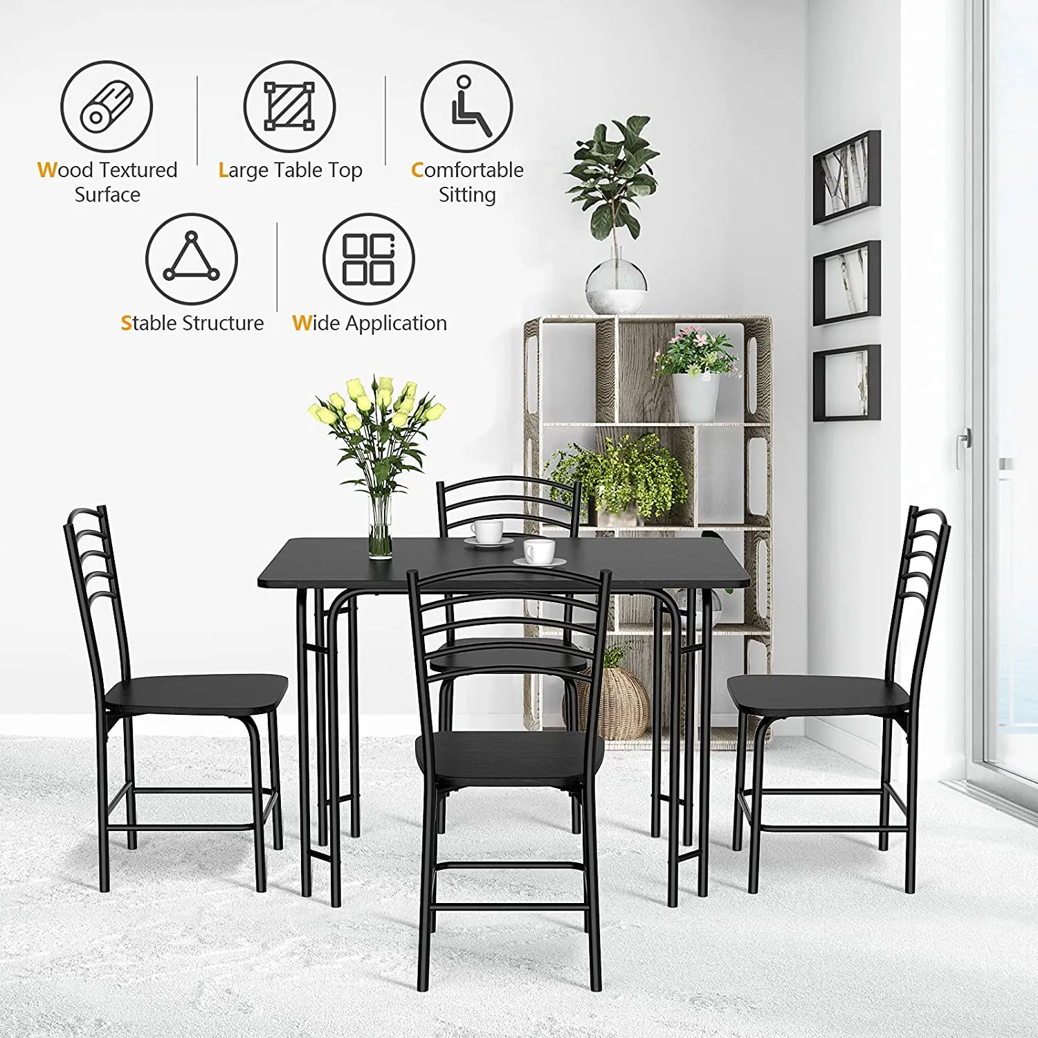 Giantex 5 PCS Dining Table Set 4 Person, Modern Kitchen Table and 4 Chairs,Black