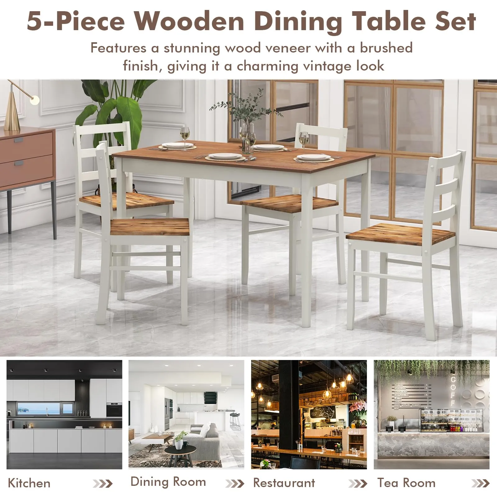 Giantex 5-Piece Dining Set of 4, Solid Wood Rectangular Table & 4 Chairs