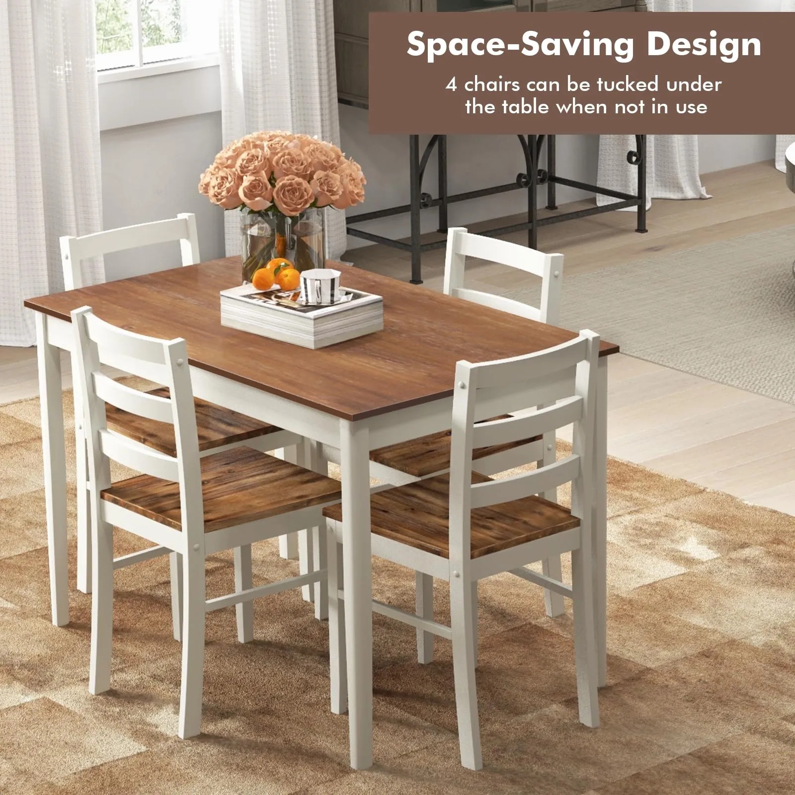 Giantex 5-Piece Dining Set of 4, Solid Wood Rectangular Table & 4 Chairs