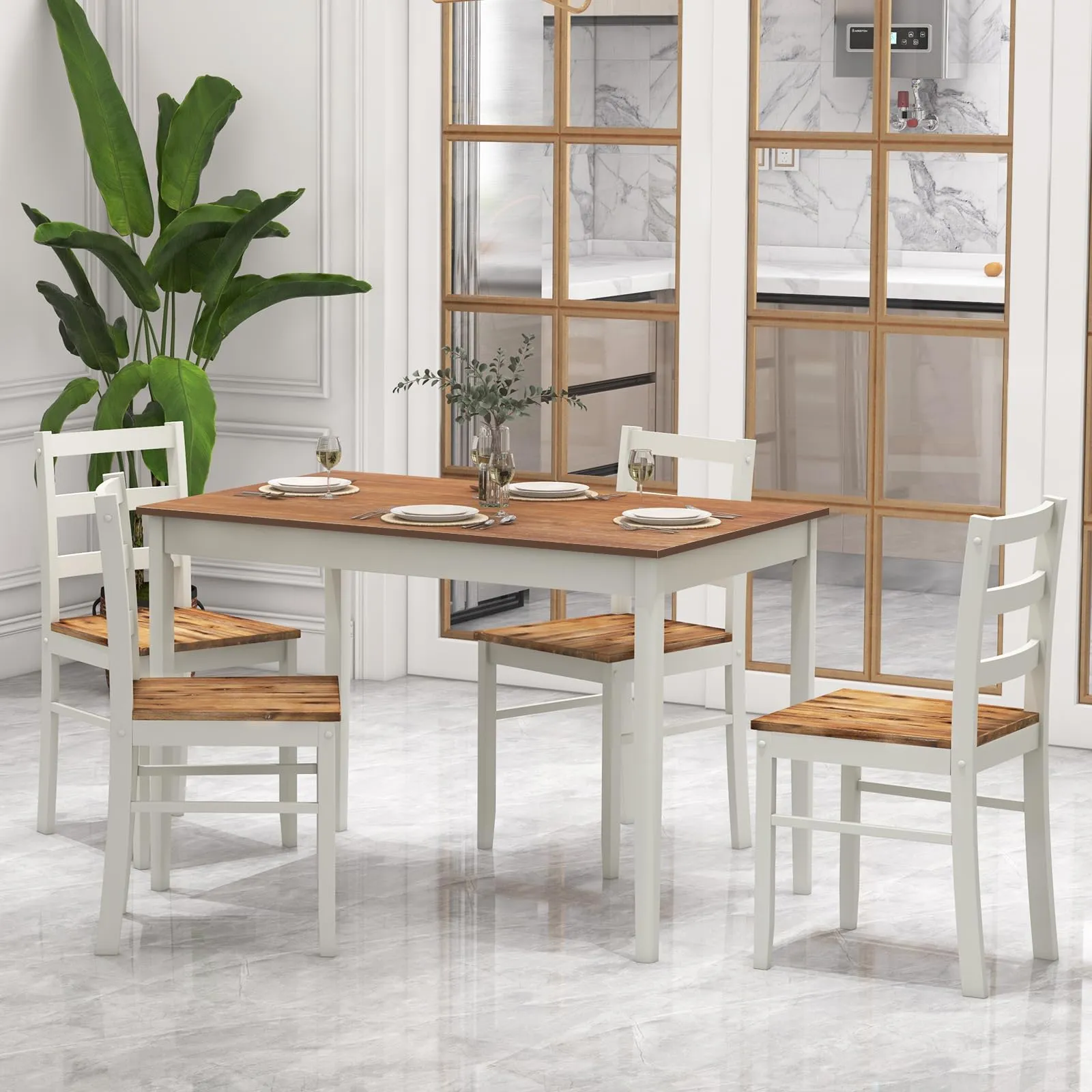 Giantex 5-Piece Dining Set of 4, Solid Wood Rectangular Table & 4 Chairs