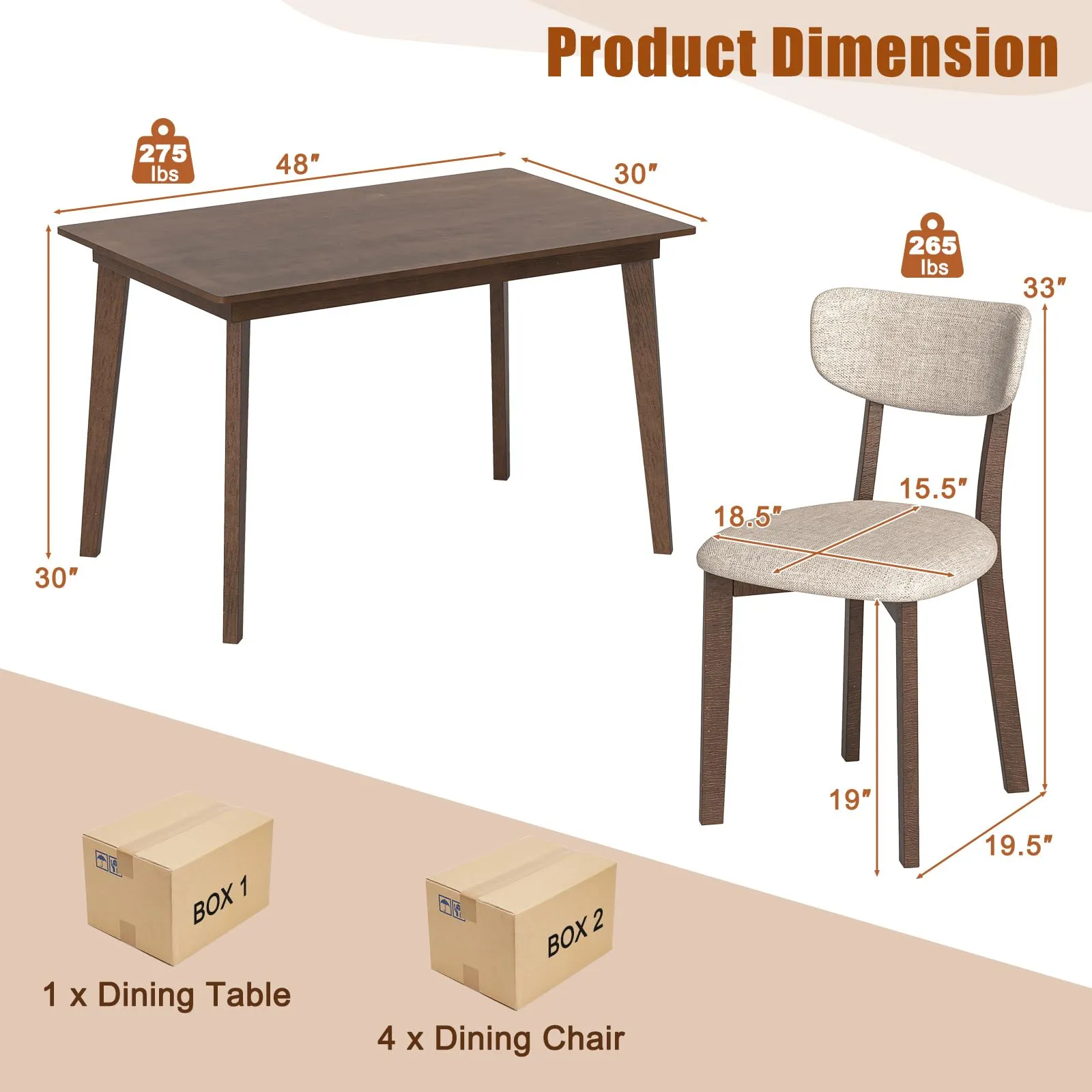 Giantex 5-Piece Dining Table Set for 4, Kitchen Table Set with 48 Dinner Table, Padded Seat, Rubber Wood Legs