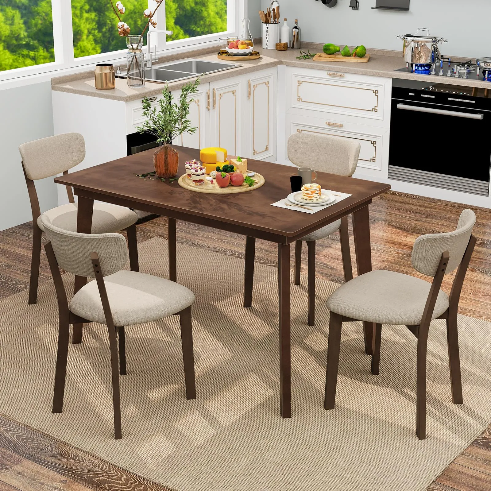 Giantex 5-Piece Dining Table Set for 4, Kitchen Table Set with 48 Dinner Table, Padded Seat, Rubber Wood Legs