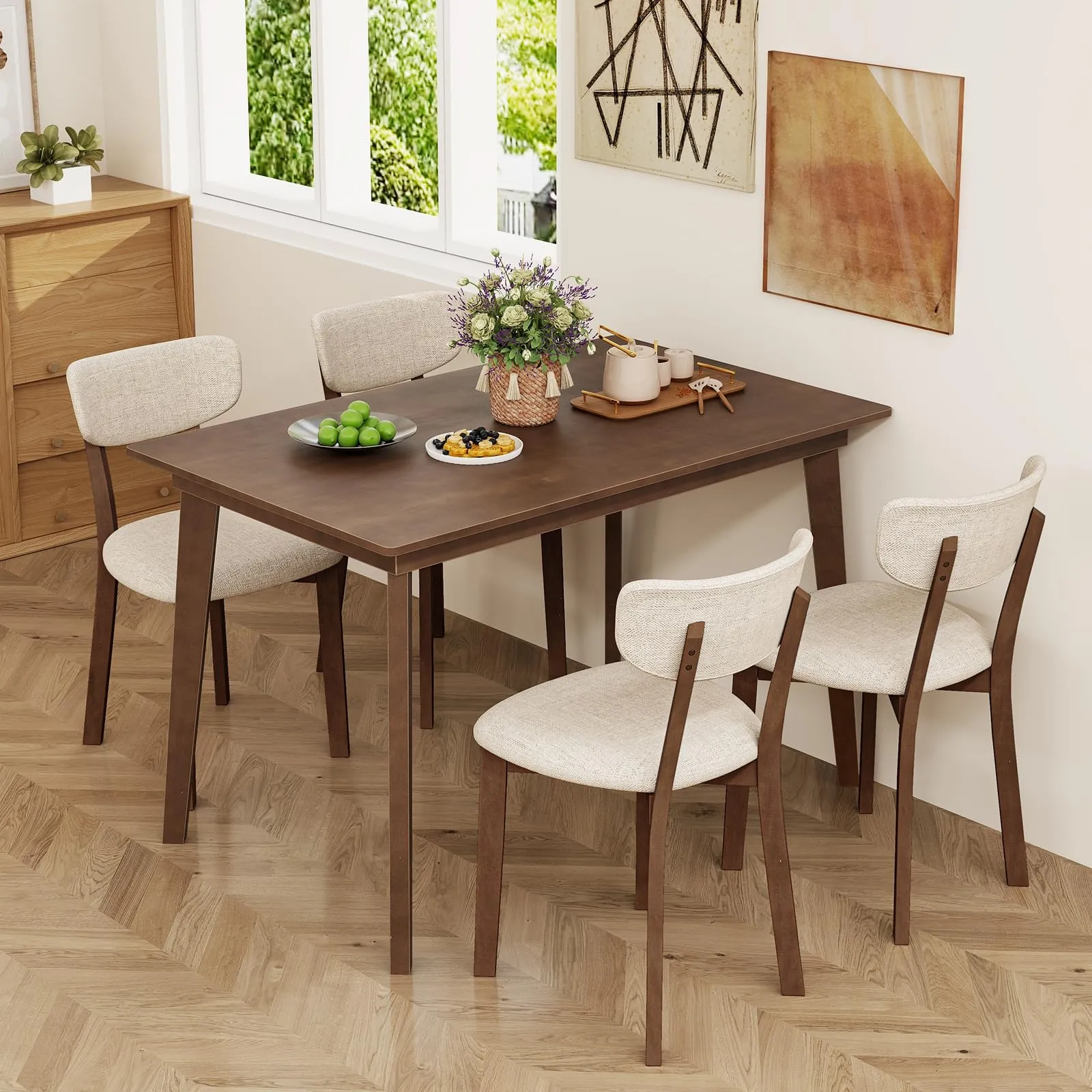Giantex 5-Piece Dining Table Set for 4, Kitchen Table Set with 48 Dinner Table, Padded Seat, Rubber Wood Legs
