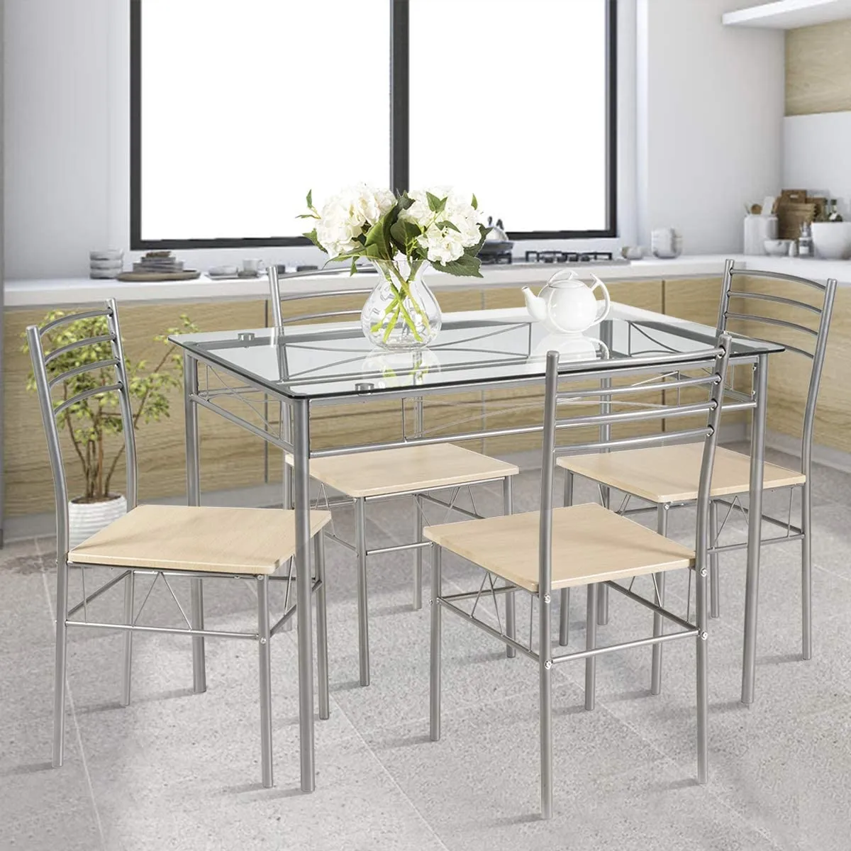 Giantex 5 Piece Dining Table Set, Kitchen Dining Set with Tempered Glass Table Top and 4 Chairs