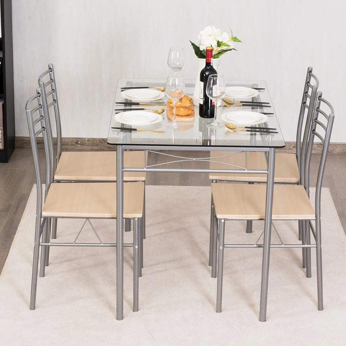 Giantex 5 Piece Dining Table Set, Kitchen Dining Set with Tempered Glass Table Top and 4 Chairs