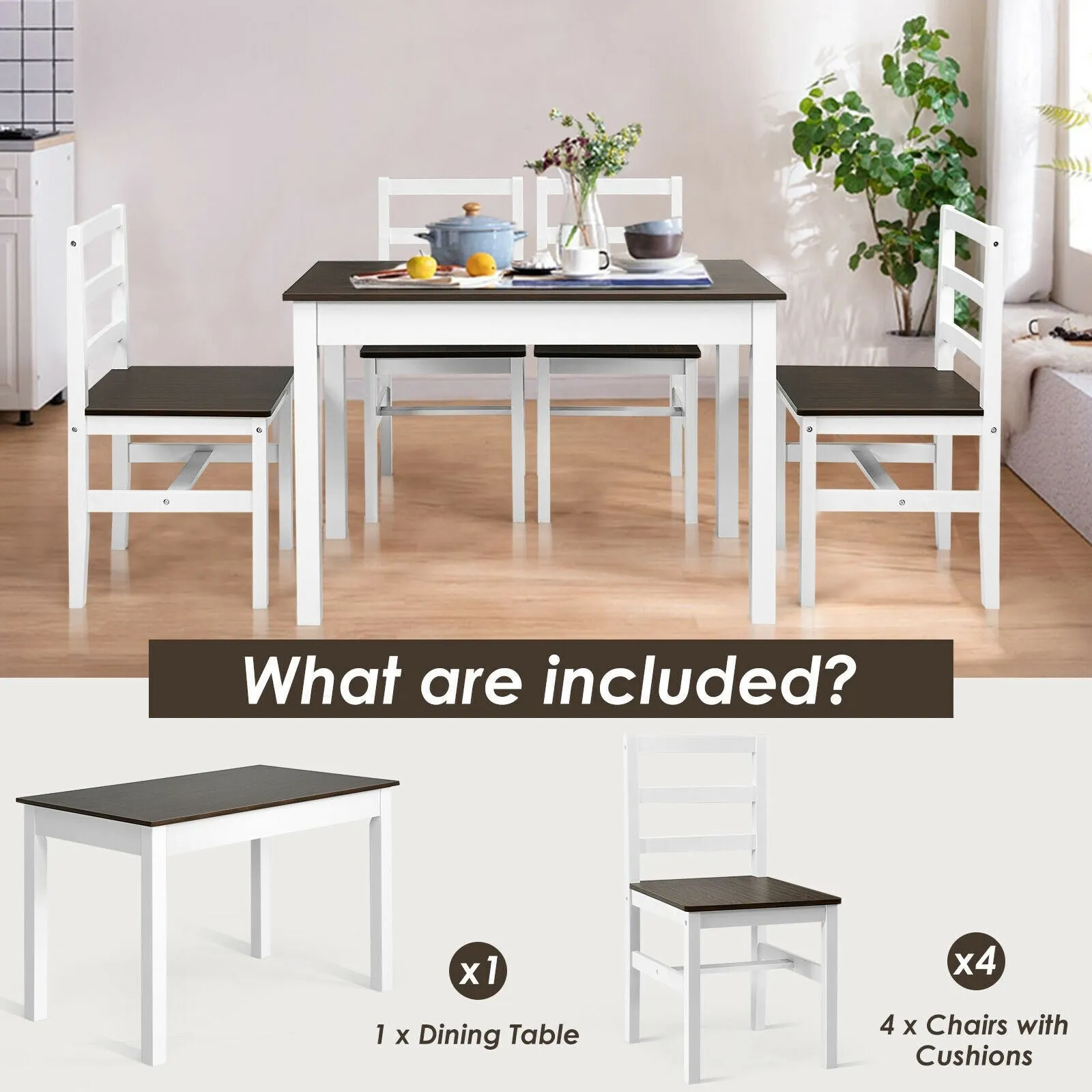Giantex 5-Piece Dining Table Set, Rectangular Kitchen Table and Chairs Set (Walnut White)