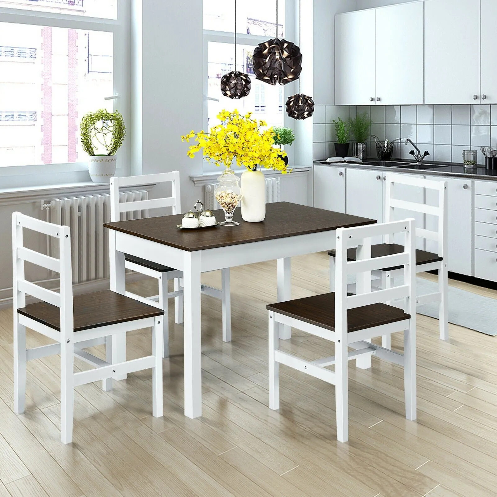 Giantex 5-Piece Dining Table Set, Rectangular Kitchen Table and Chairs Set (Walnut White)
