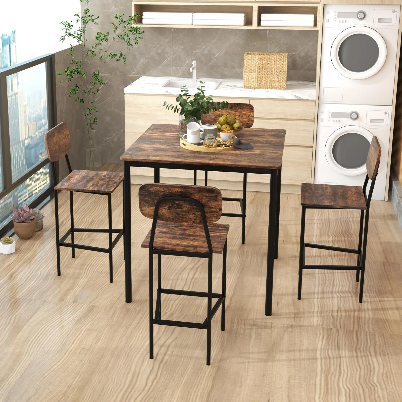 Giantex 5-Piece Dining Table Set W/Counter Height Table & 4 Bar Stools