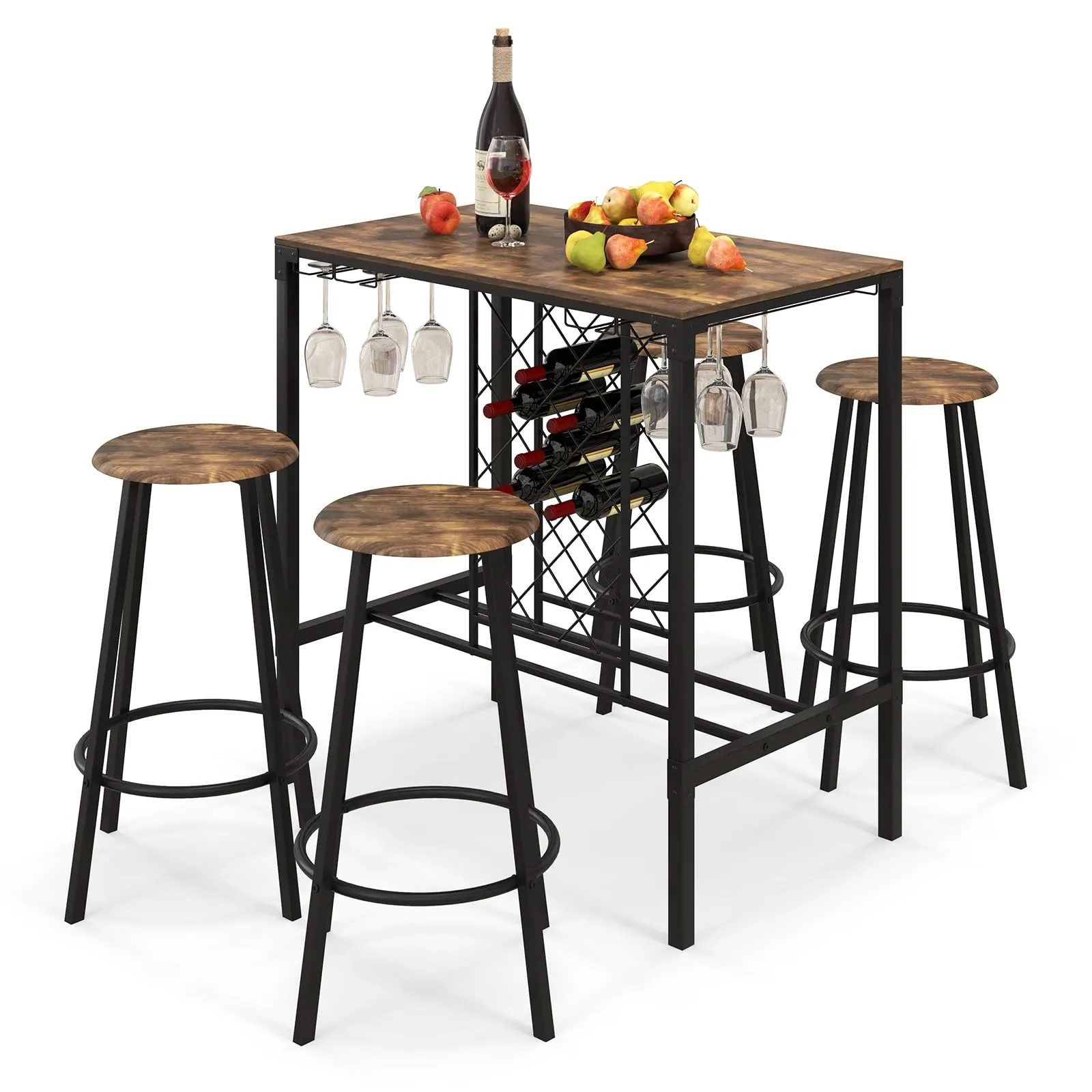 Giantex 5 Pieces Bar Table and Stools Set - Bar Height Table with Stools for 4, Kitchen Table Set with Wine Rack & Glass Holder tablecloth, dining table