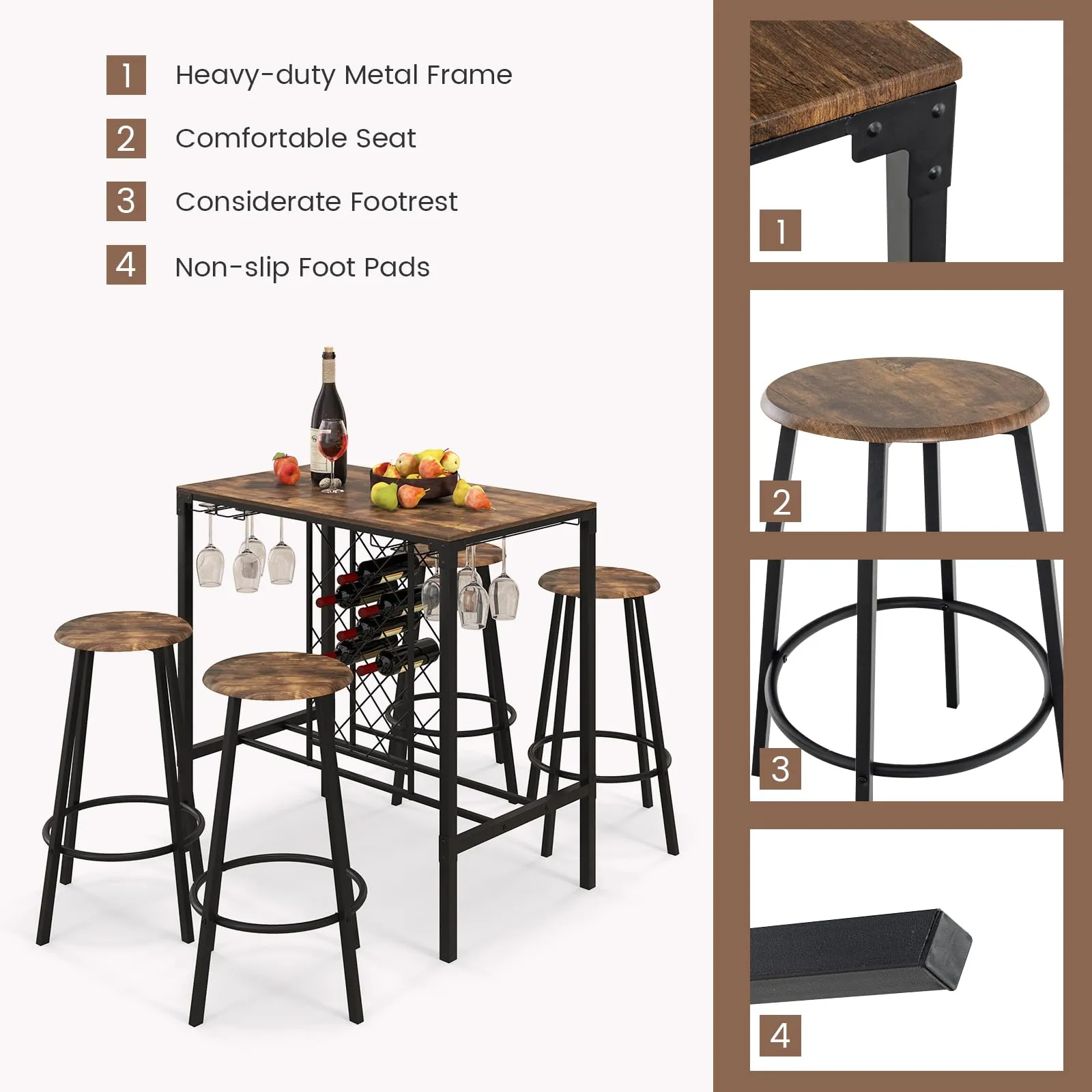 Giantex 5 Pieces Bar Table and Stools Set - Bar Height Table with Stools for 4, Kitchen Table Set with Wine Rack & Glass Holder
