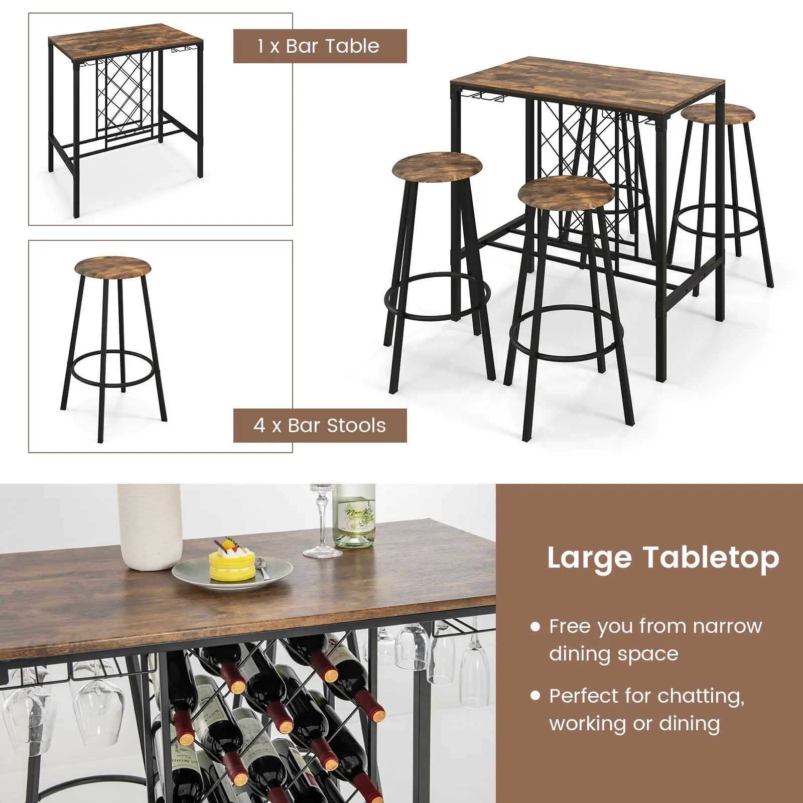 Giantex 5 Pieces Bar Table and Stools Set - Bar Height Table with Stools for 4, Kitchen Table Set with Wine Rack & Glass Holder