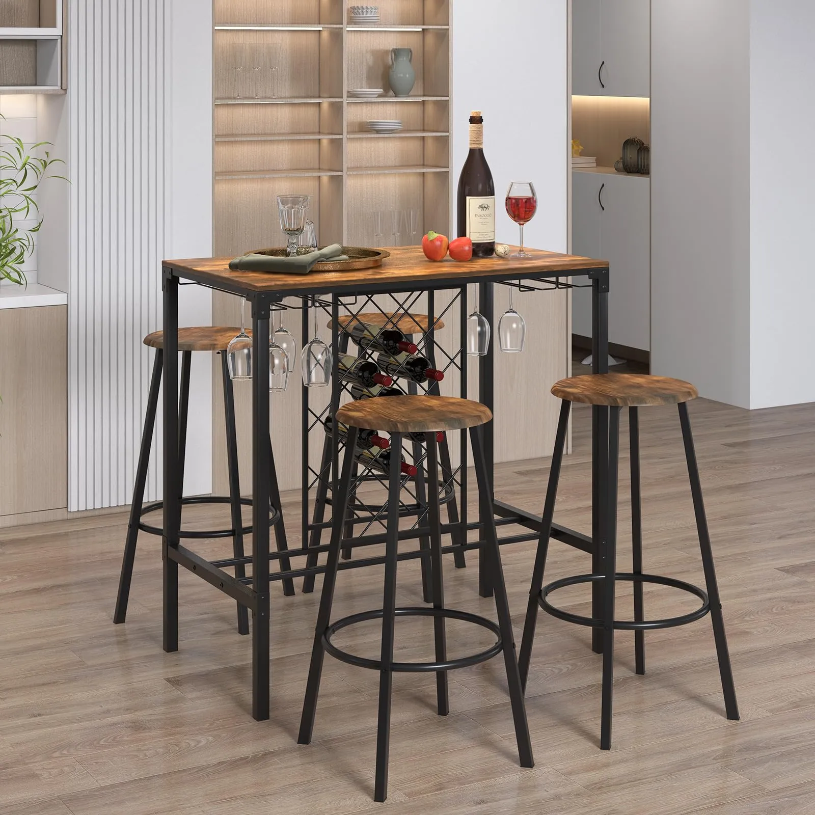 Giantex 5 Pieces Bar Table and Stools Set - Bar Height Table with Stools for 4, Kitchen Table Set with Wine Rack & Glass Holder