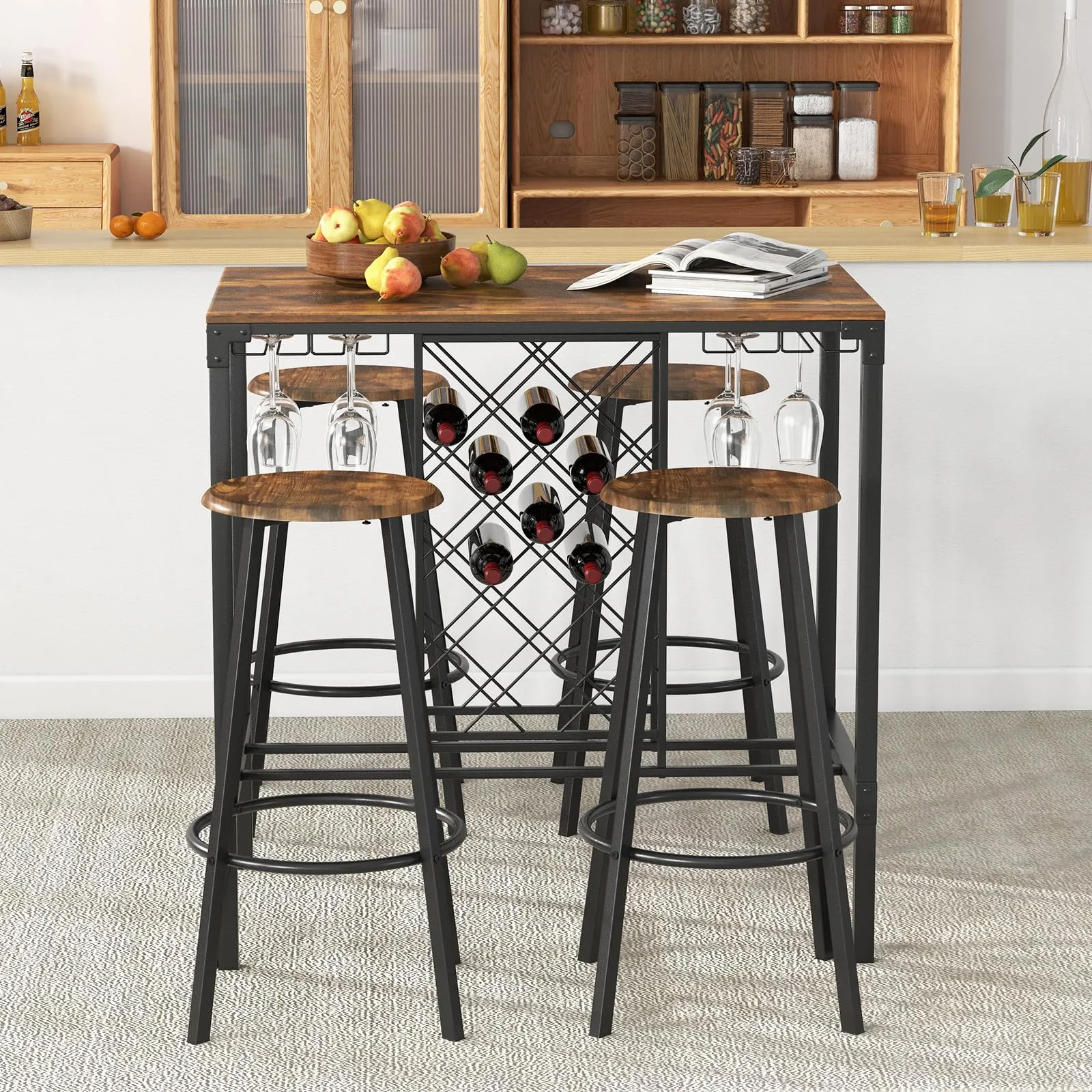 Giantex 5 Pieces Bar Table and Stools Set - Bar Height Table with Stools for 4, Kitchen Table Set with Wine Rack & Glass Holder