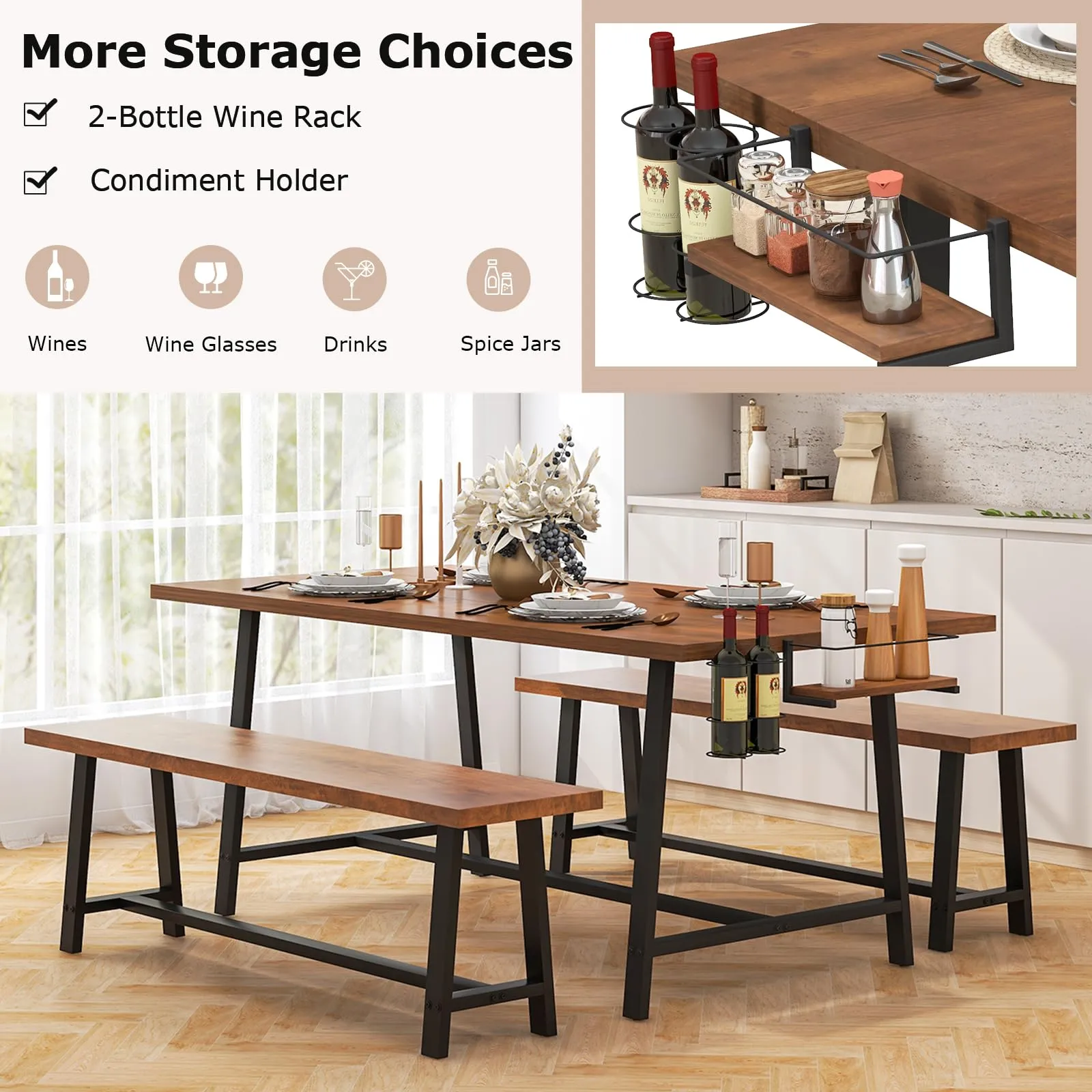 Giantex 72 Dining Table Set for 4-8, 3-Piece Kitchen Table Set with 2 Benches