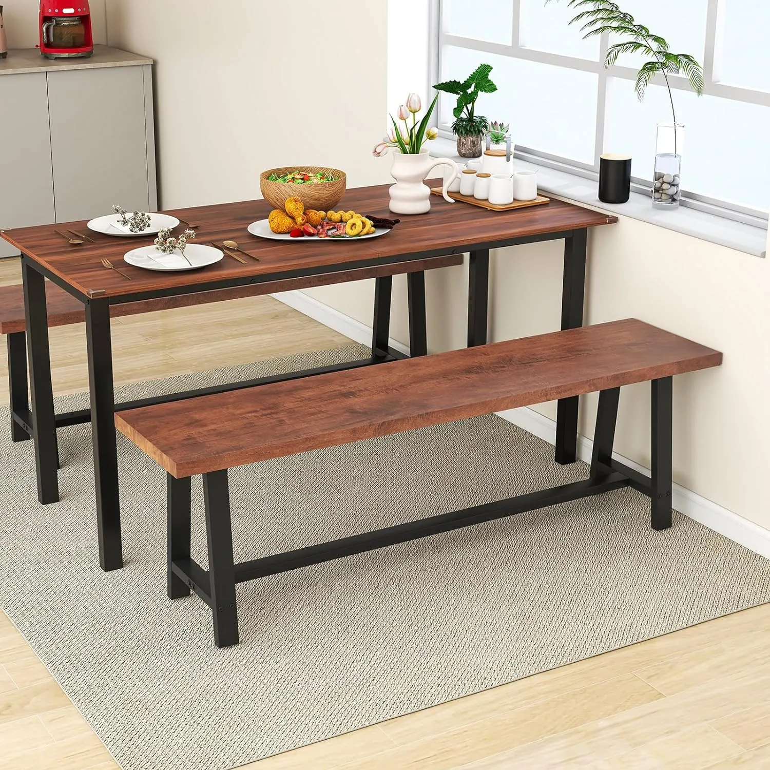 Giantex 72 Dining Table Set for 4-8, 3-Piece Kitchen Table Set with 2 Benches