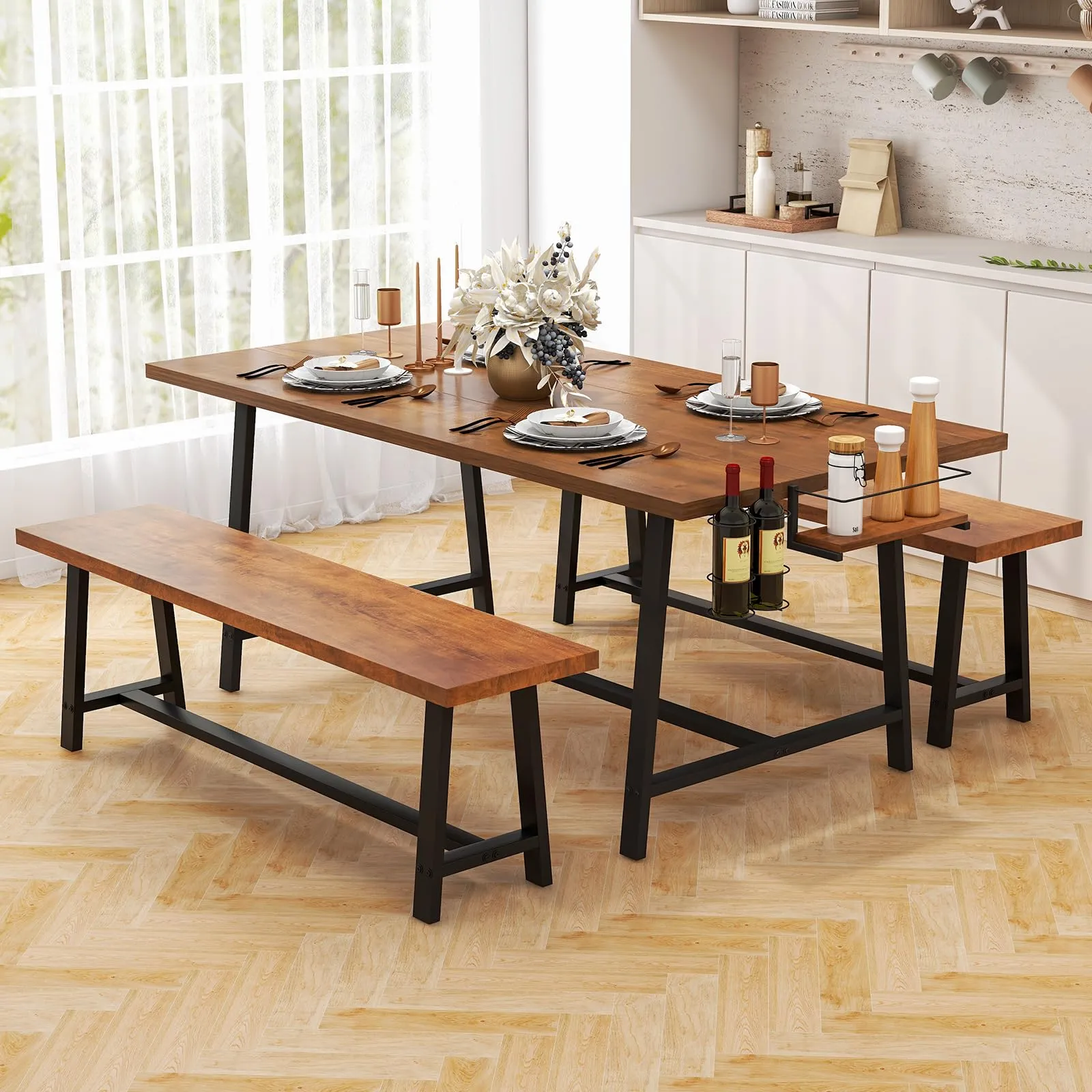 Giantex 72 Dining Table Set for 4-8, 3-Piece Kitchen Table Set with 2 Benches