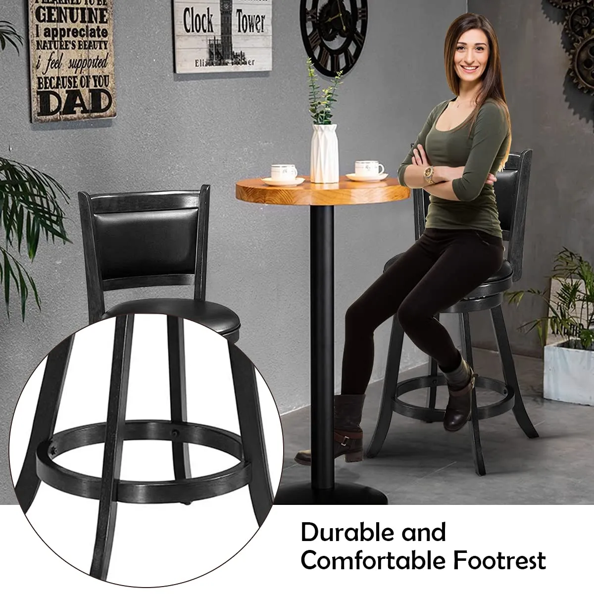 Giantex Accent Wooden Swivel Back Counter Height Bar Stool, Fabric Upholstered Design