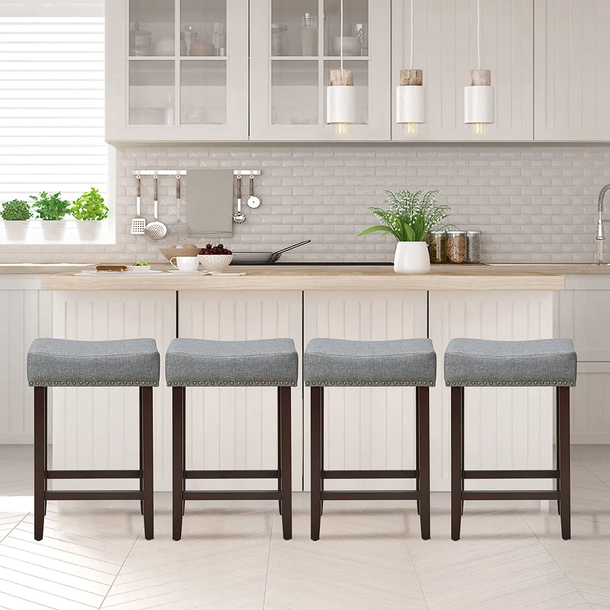 Giantex Backless Counter Height Stools with Brass Nail Head Studs
