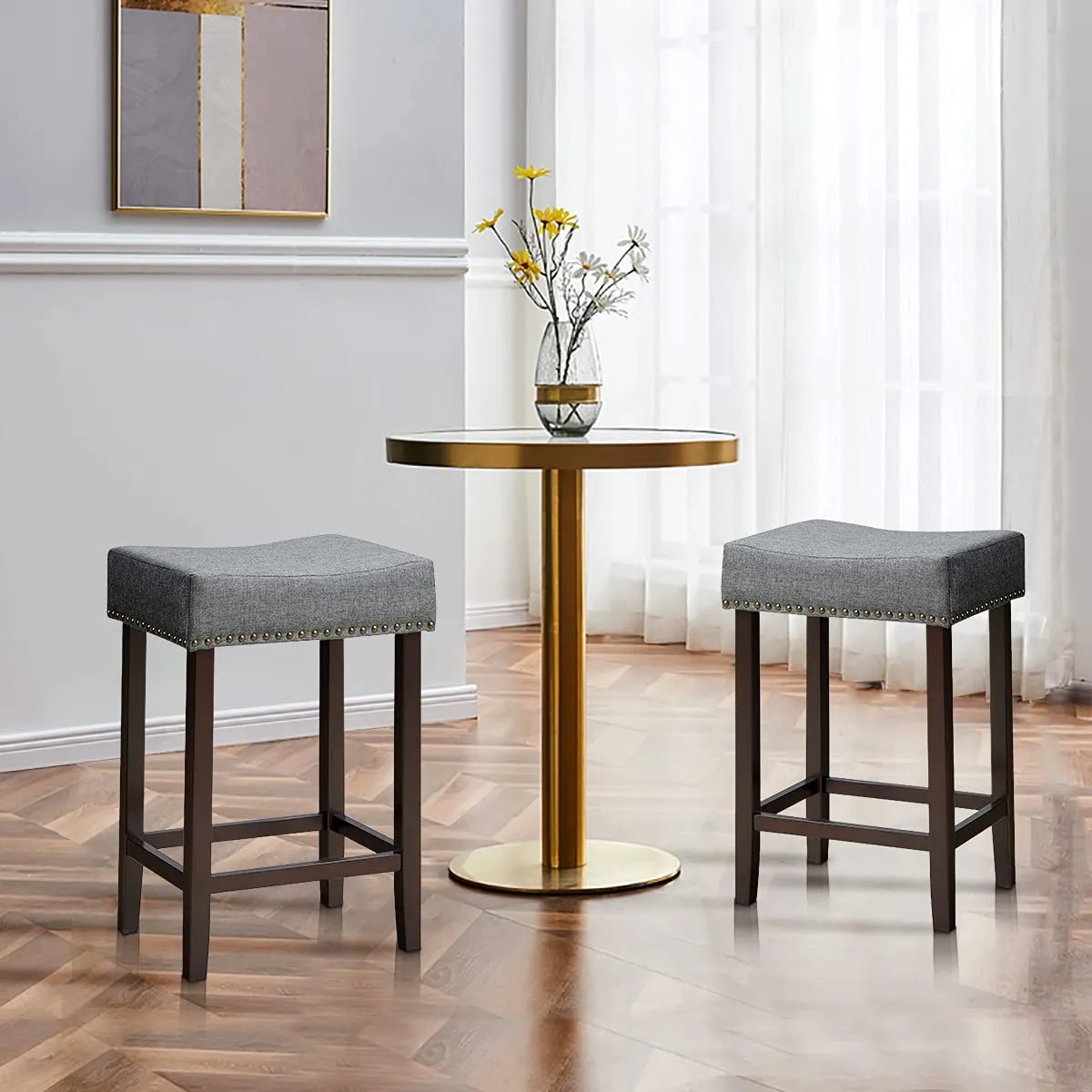 Giantex Backless Counter Height Stools with Brass Nail Head Studs kitchen barstool, adjustable bar stool