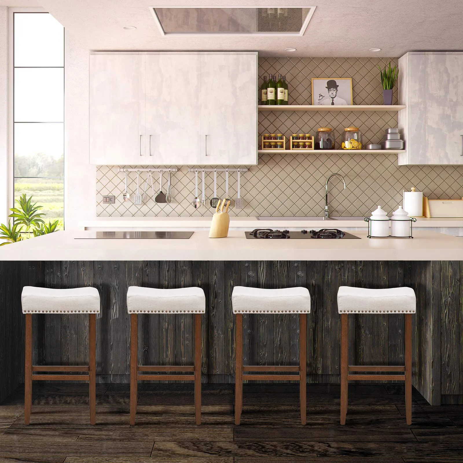 Giantex Backless Counter Height Stools with Brass Nail Head Studs
