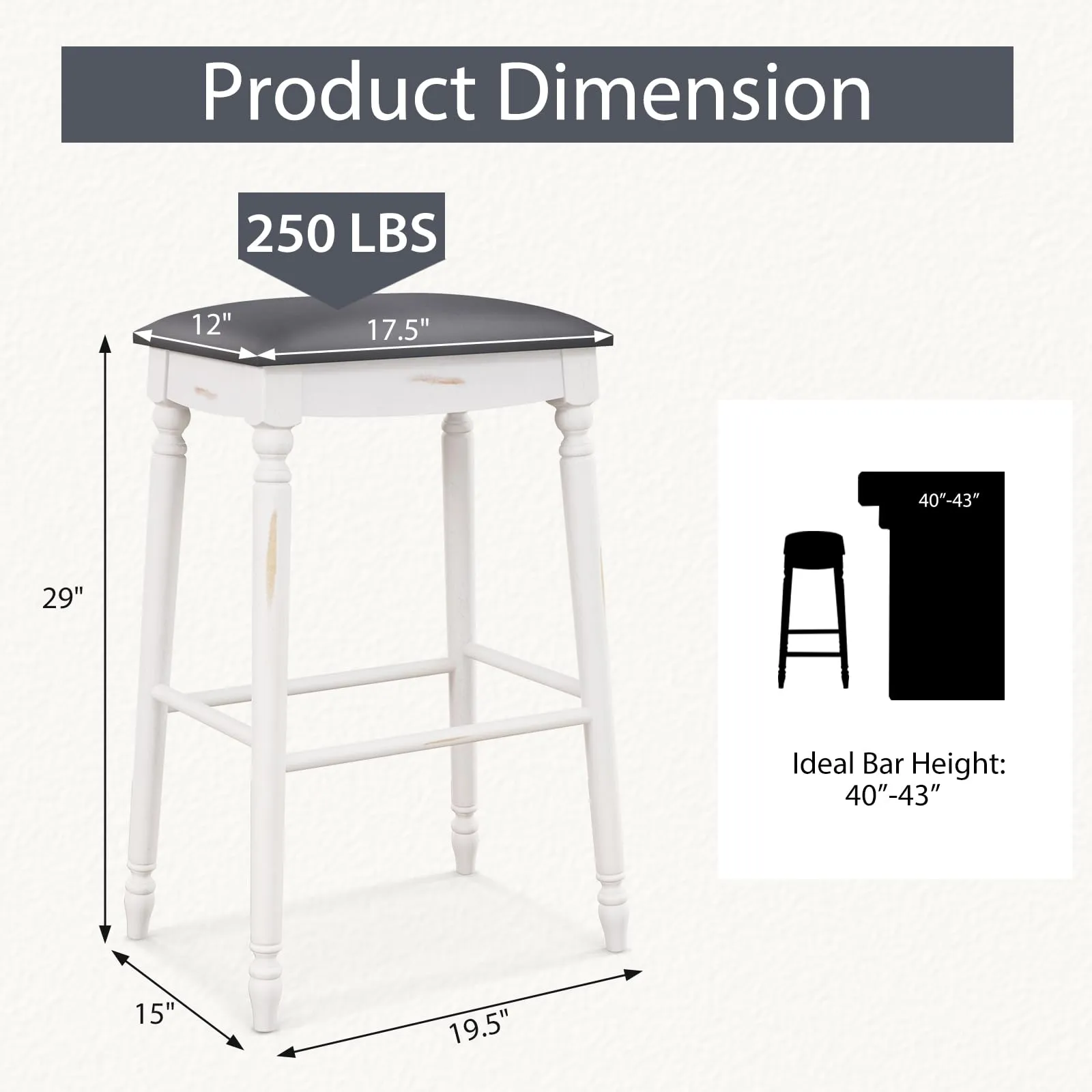 Giantex Bar Stools, 29"/24" Bar Height Saddle Stools w/Padded Seat, Rubber Wood Legs, Footrests & Antiqued Surface