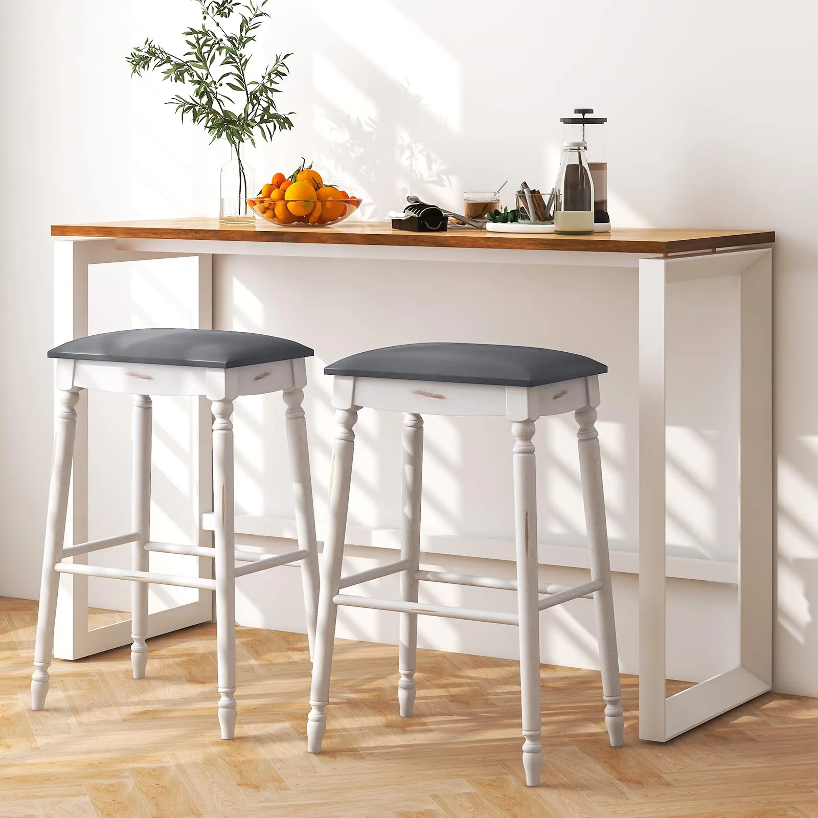 Giantex Bar Stools, 29"/24" Bar Height Saddle Stools w/Padded Seat, Rubber Wood Legs, Footrests & Antiqued Surface