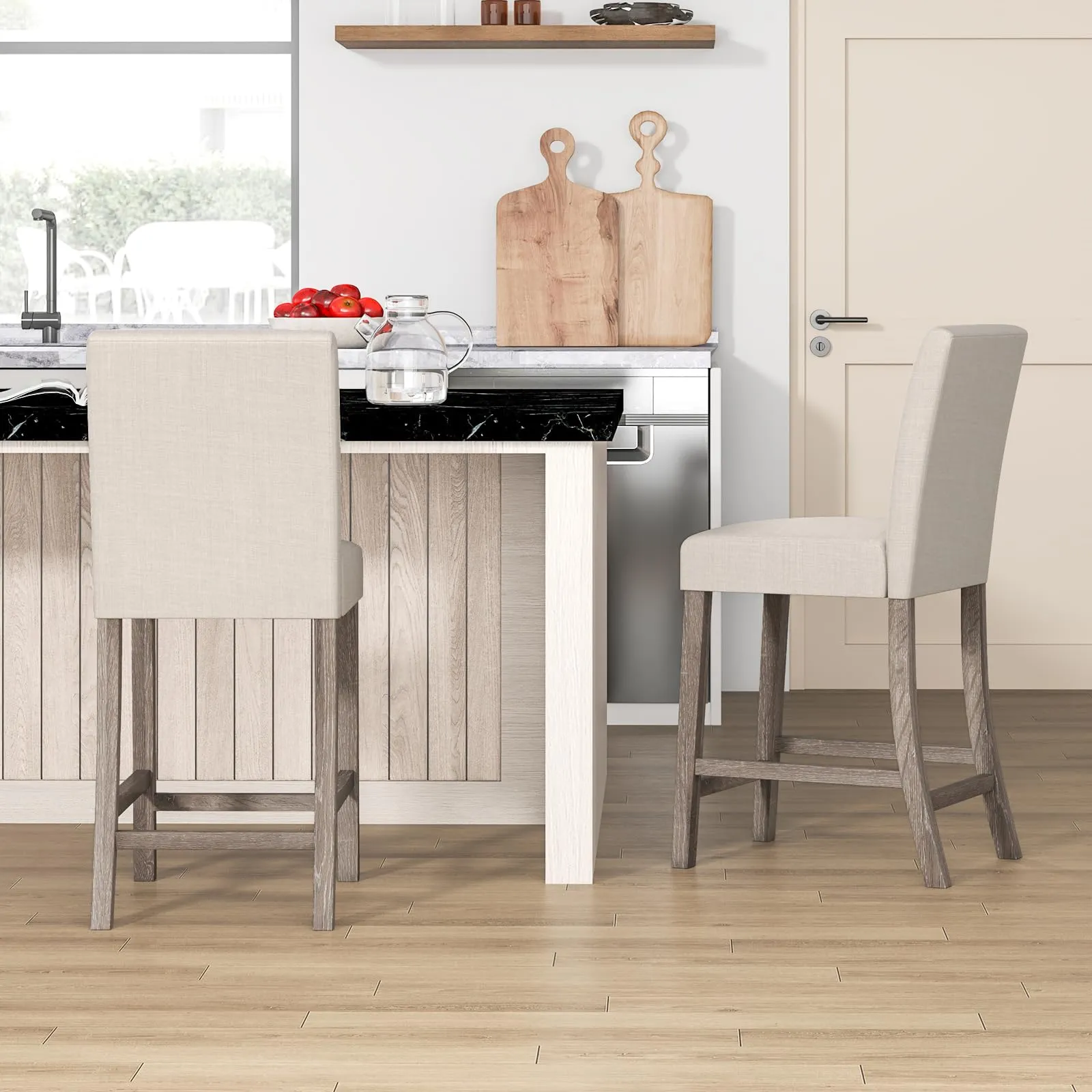Giantex Bar Stools Counter Height, 24.5" Modern Fabric Bar Chairs with Back, Footrest & Solid Wood Legs