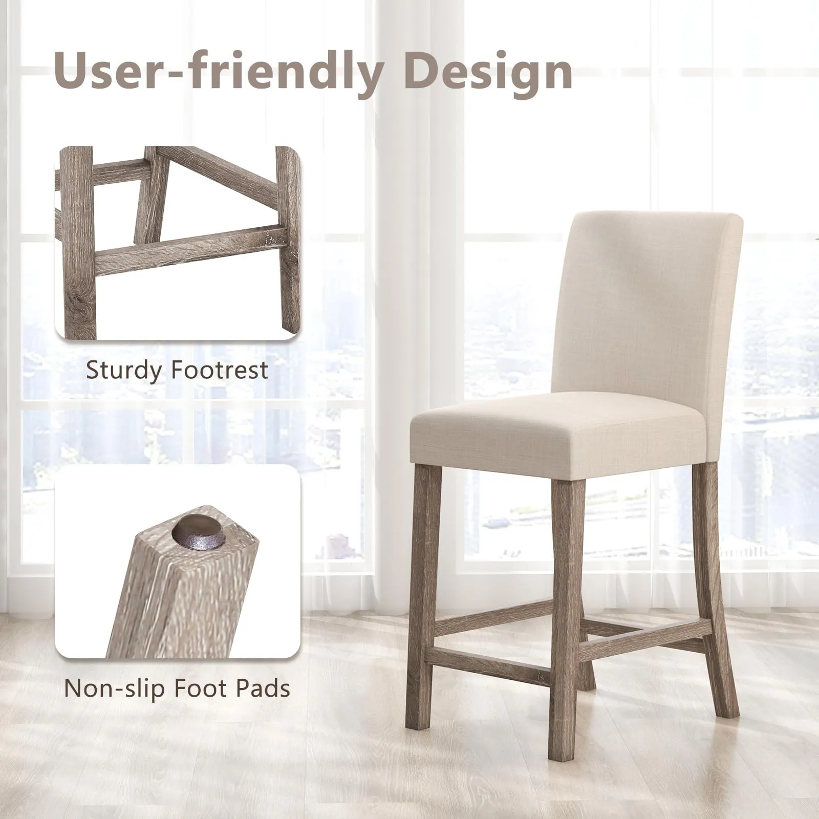 Giantex Bar Stools Counter Height, 24.5" Modern Fabric Bar Chairs with Back, Footrest & Solid Wood Legs