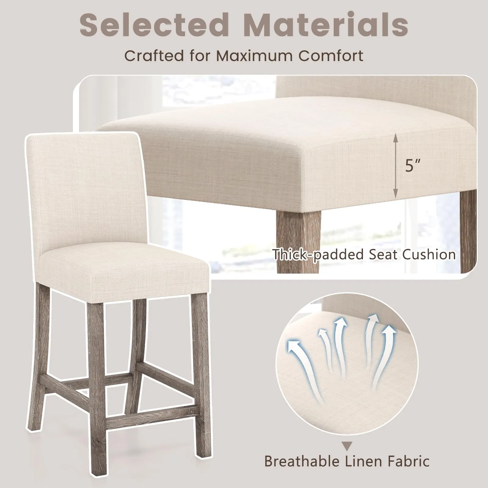 Giantex Bar Stools Counter Height, 24.5" Modern Fabric Bar Chairs with Back, Footrest & Solid Wood Legs