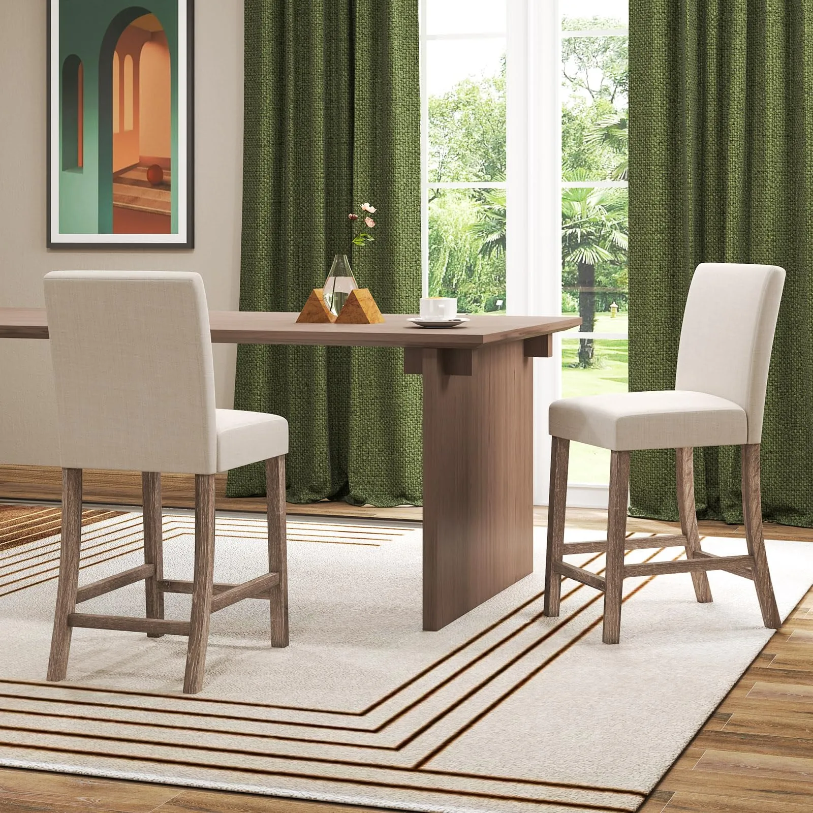 Giantex Bar Stools Counter Height, 24.5" Modern Fabric Bar Chairs with Back, Footrest & Solid Wood Legs