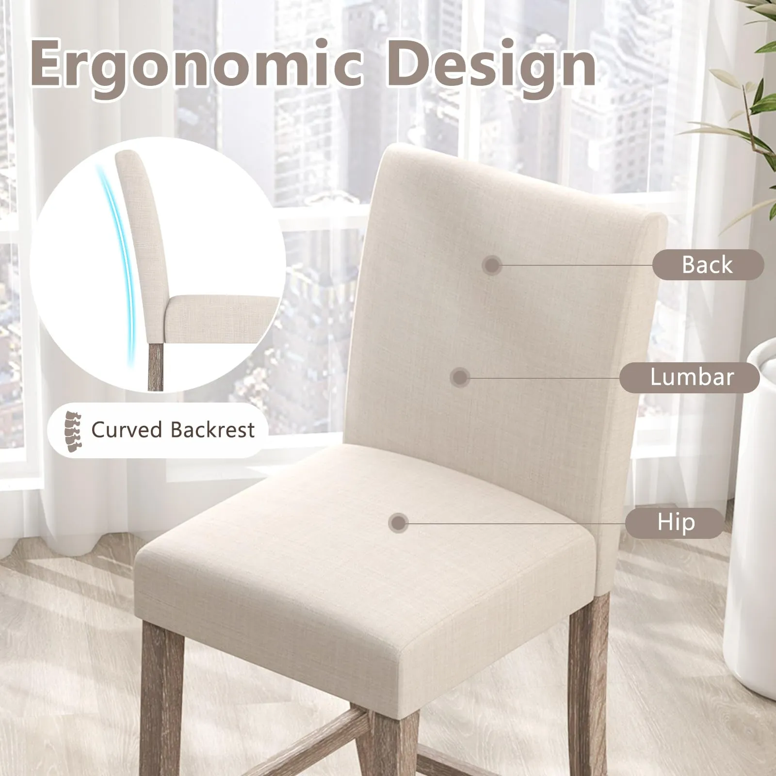 Giantex Bar Stools Counter Height, 24.5" Modern Fabric Bar Chairs with Back, Footrest & Solid Wood Legs