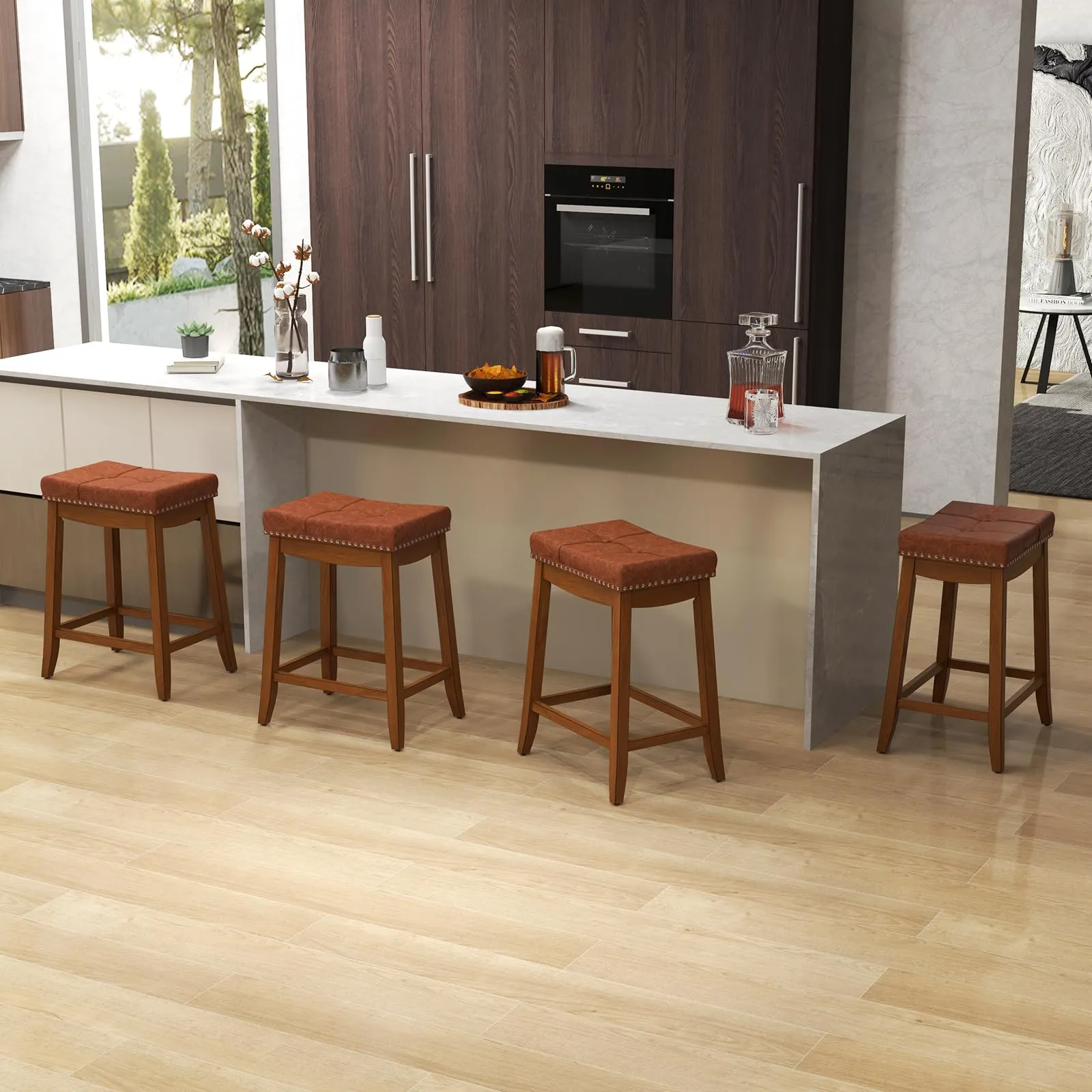 Giantex Bar Stools Set, 25" Counter Height Bar Stools w/Saddle Seat, Footrest, Rivet, Button Tufted, Rubber Wood Frame