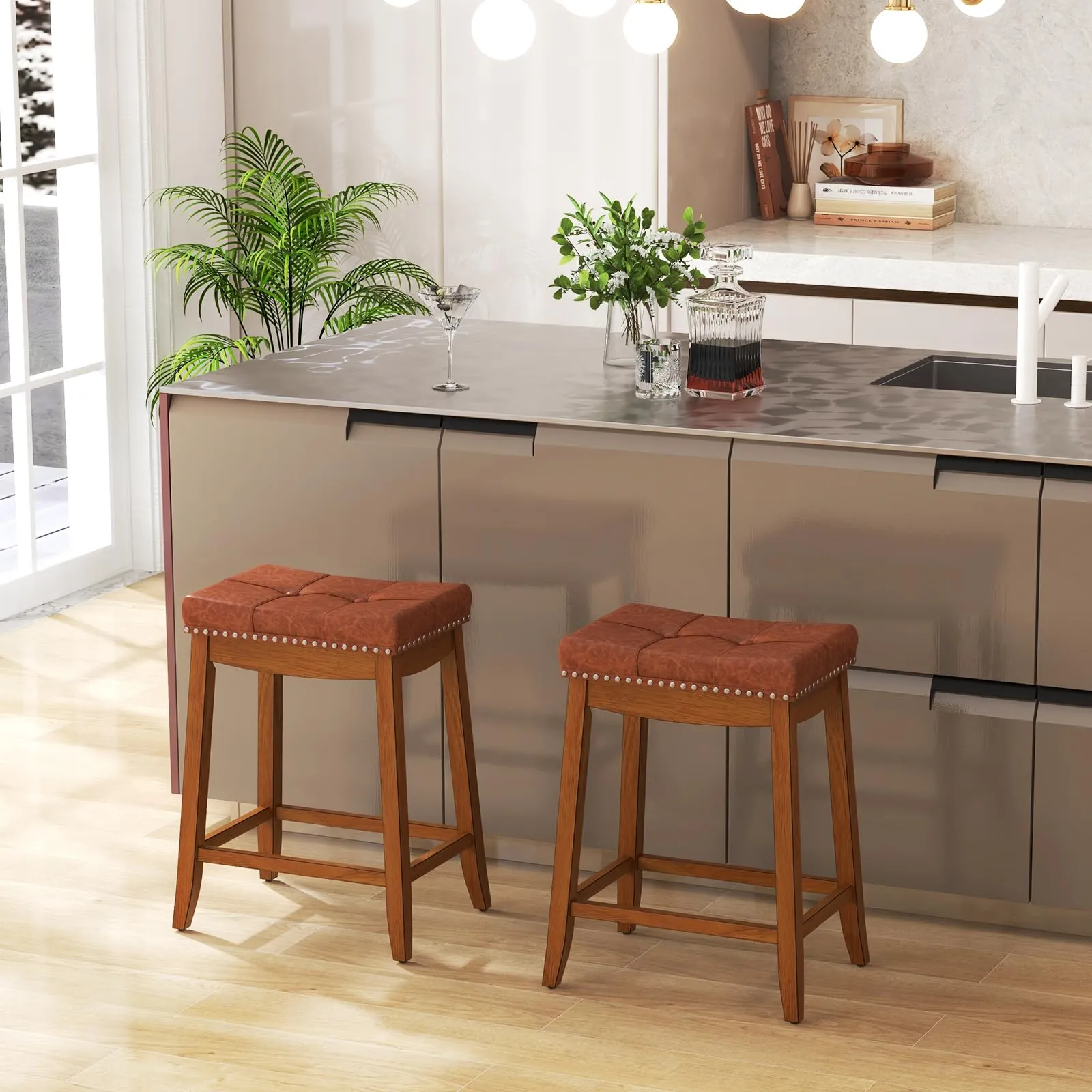 Giantex Bar Stools Set, 25" Counter Height Bar Stools w/Saddle Seat, Footrest, Rivet, Button Tufted, Rubber Wood Frame