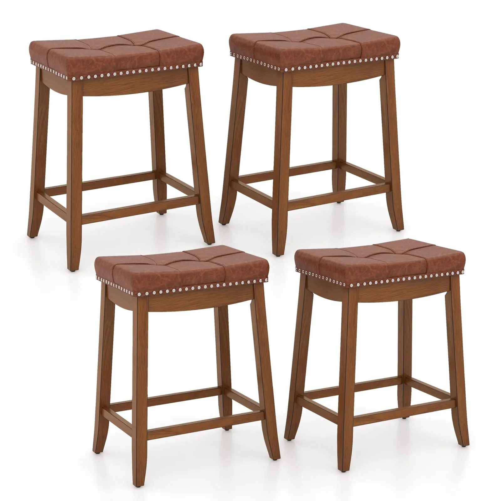 Giantex Bar Stools Set, 25" Counter Height Bar Stools w/Saddle Seat, Footrest, Rivet, Button Tufted, Rubber Wood Frame kitchen barstool, adjustable bar stool