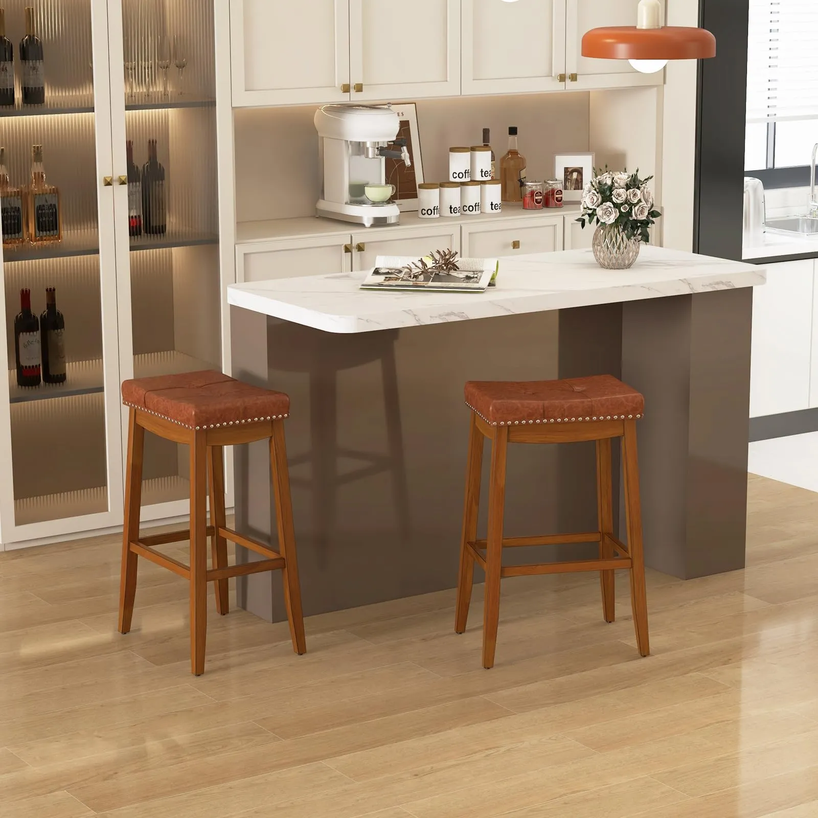Giantex Bar Stools Set, 29" Counter Height Bar Stools w/Saddle Seat, Footrest, Rivet, Button Tufted, Rubber Wood Frame