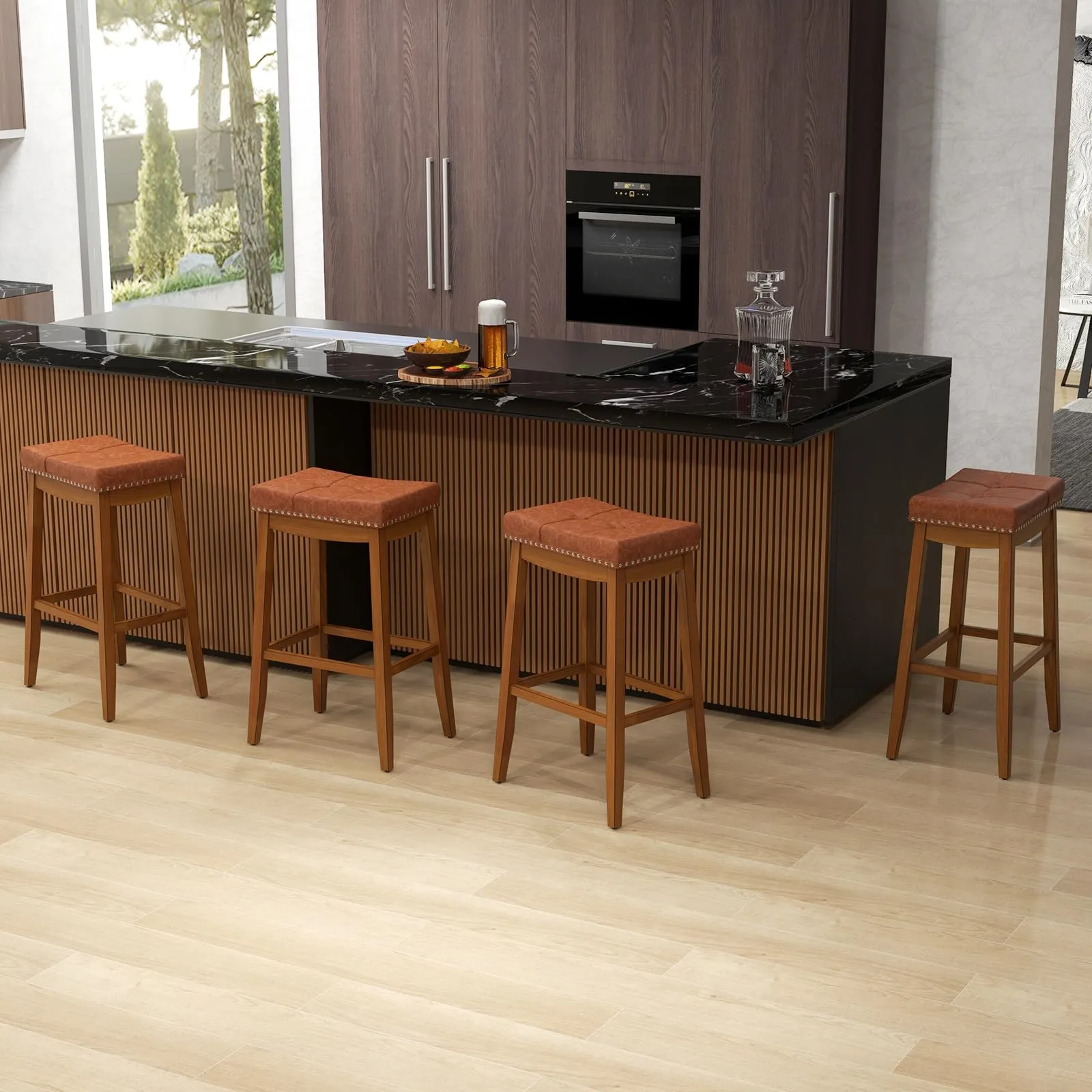 Giantex Bar Stools Set, 29" Counter Height Bar Stools w/Saddle Seat, Footrest, Rivet, Button Tufted, Rubber Wood Frame